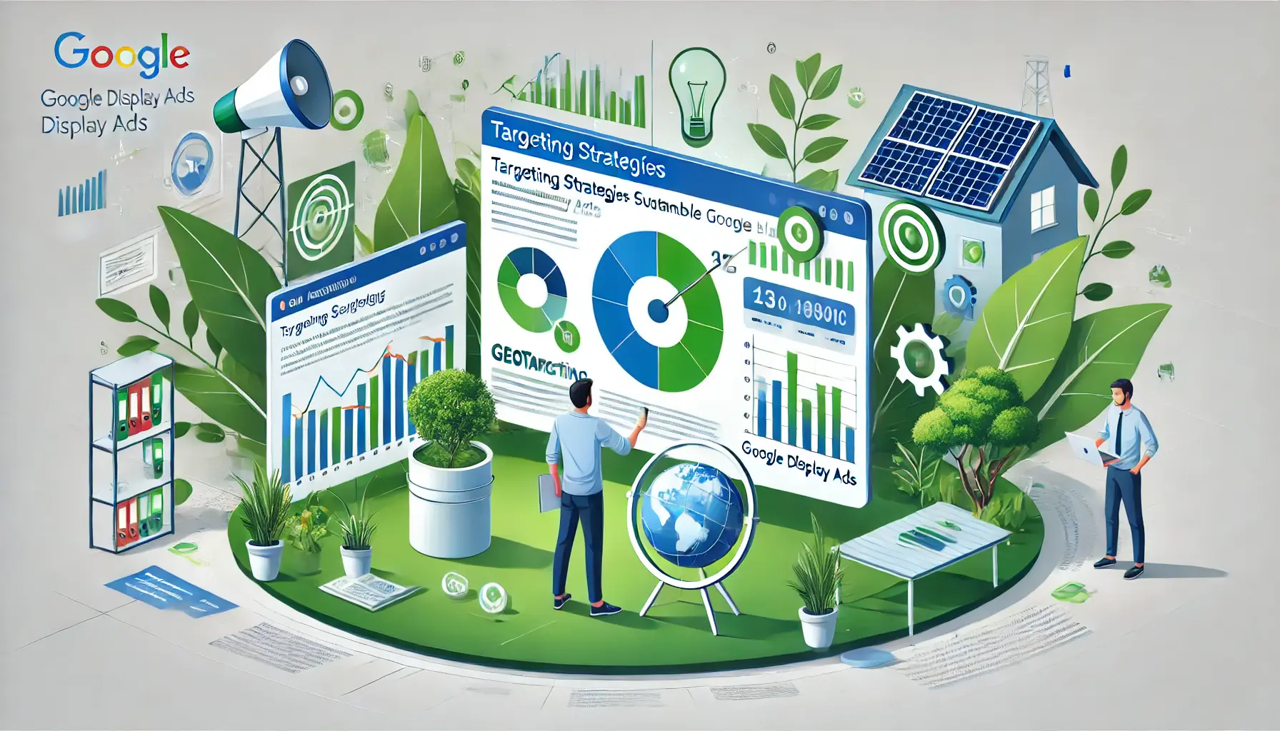 Illustration of a digital marketer analyzing targeting data with eco-friendly elements like plants, solar panels, and digital maps.