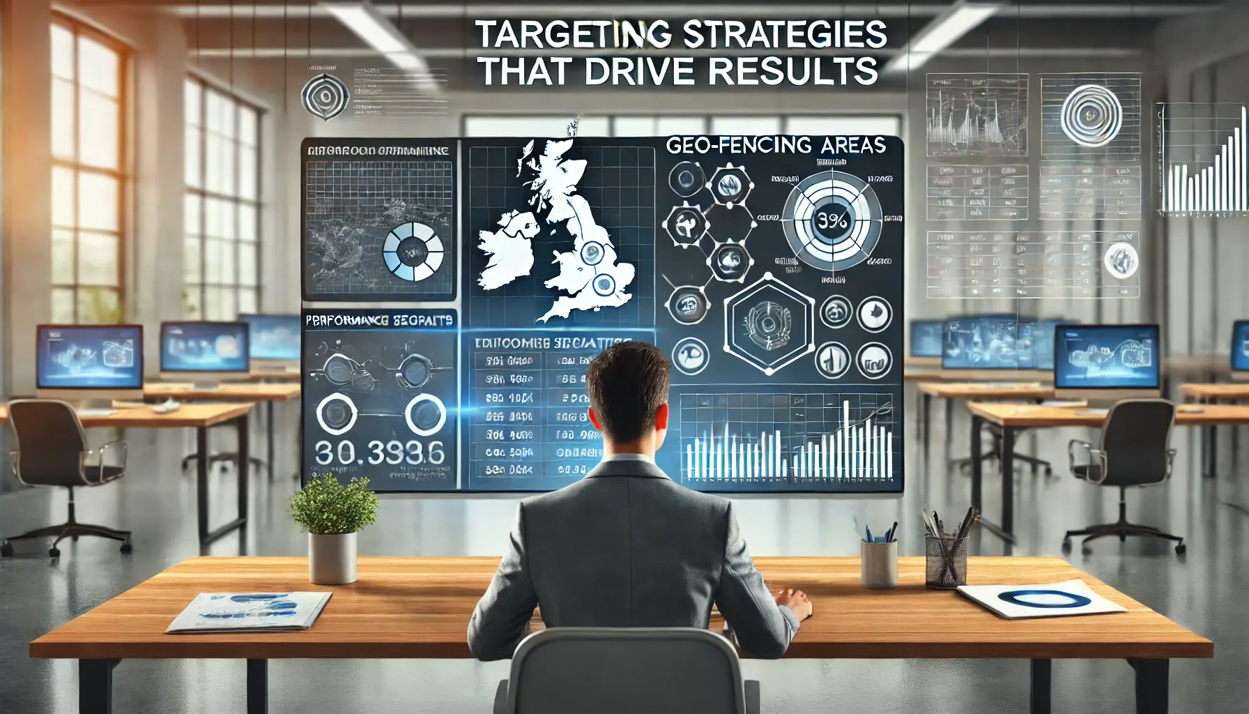 A digital marketing professional analyzing data with targeting zones, geo-fencing areas, and performance metrics on a computer screen.