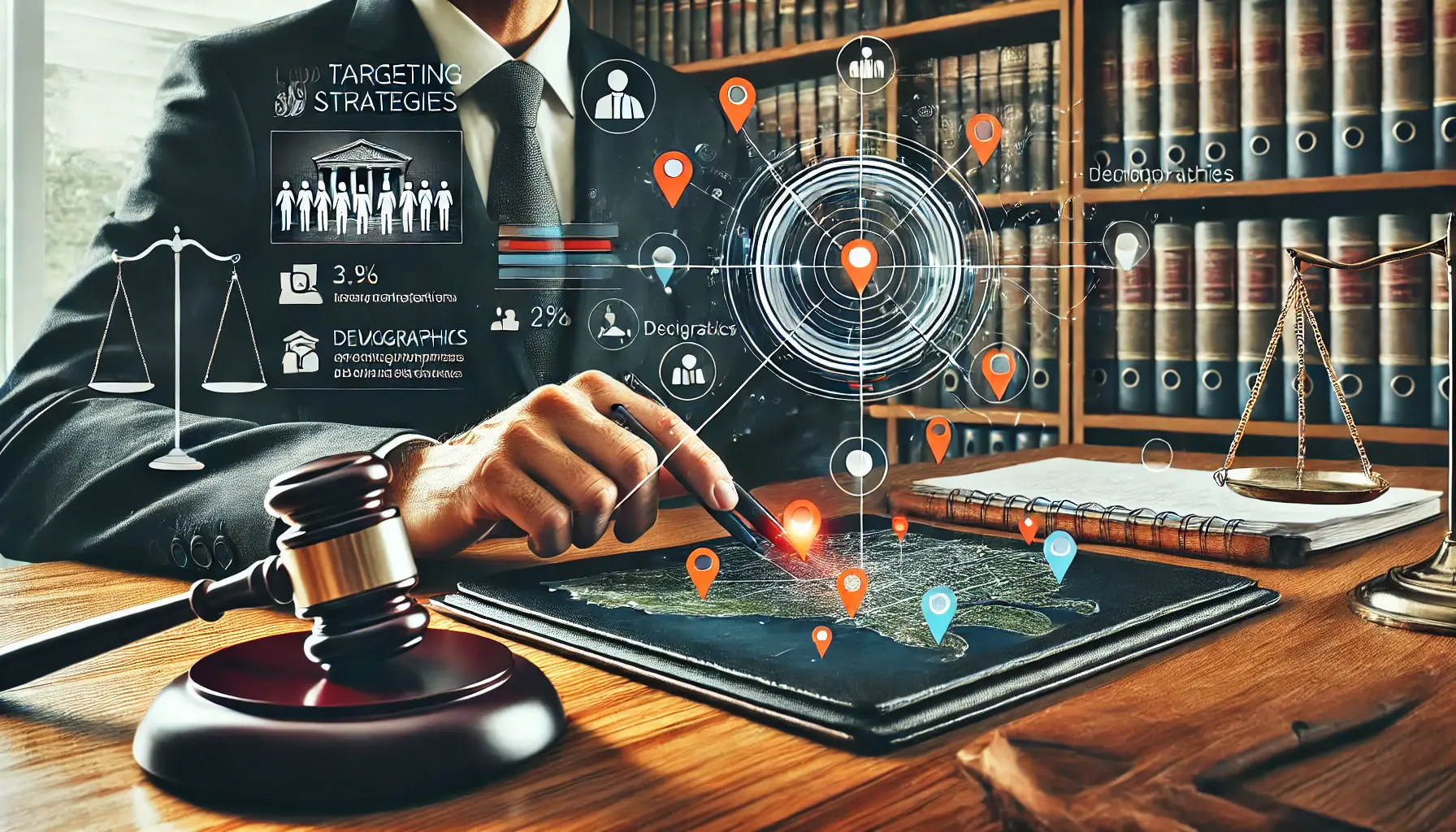 Illustration of a lawyer reviewing a digital map interface on a tablet or laptop, with data points marking various locations and demographics.