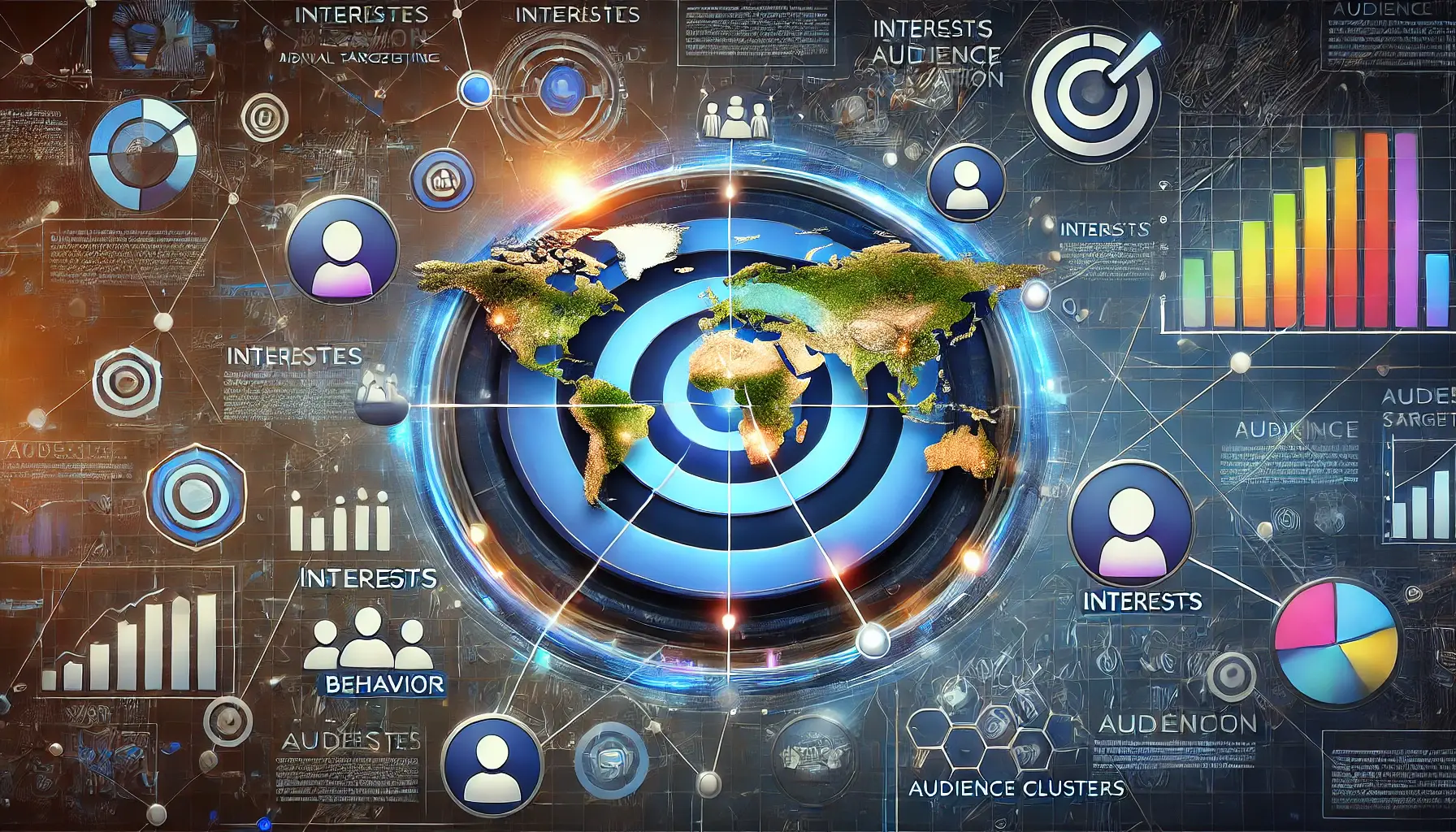 Illustration showcasing targeting techniques with a central map, user demographics, and audience segmentation.