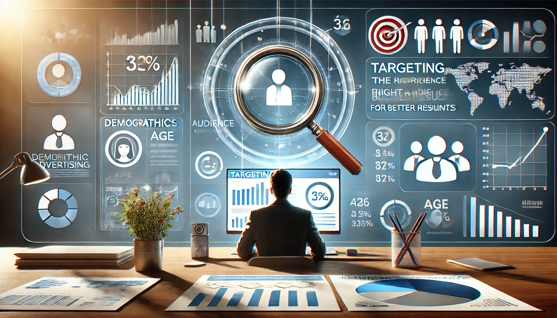 A digital workspace where a person is analyzing data on a screen with graphs, demographics, and targeted audience profiles, emphasizing audience targeting in advertising.