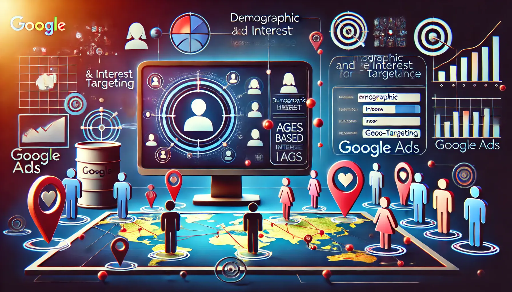 An illustration of targeting the right audience for events using Google Ads, featuring demographic and interest options with geo-targeting elements.