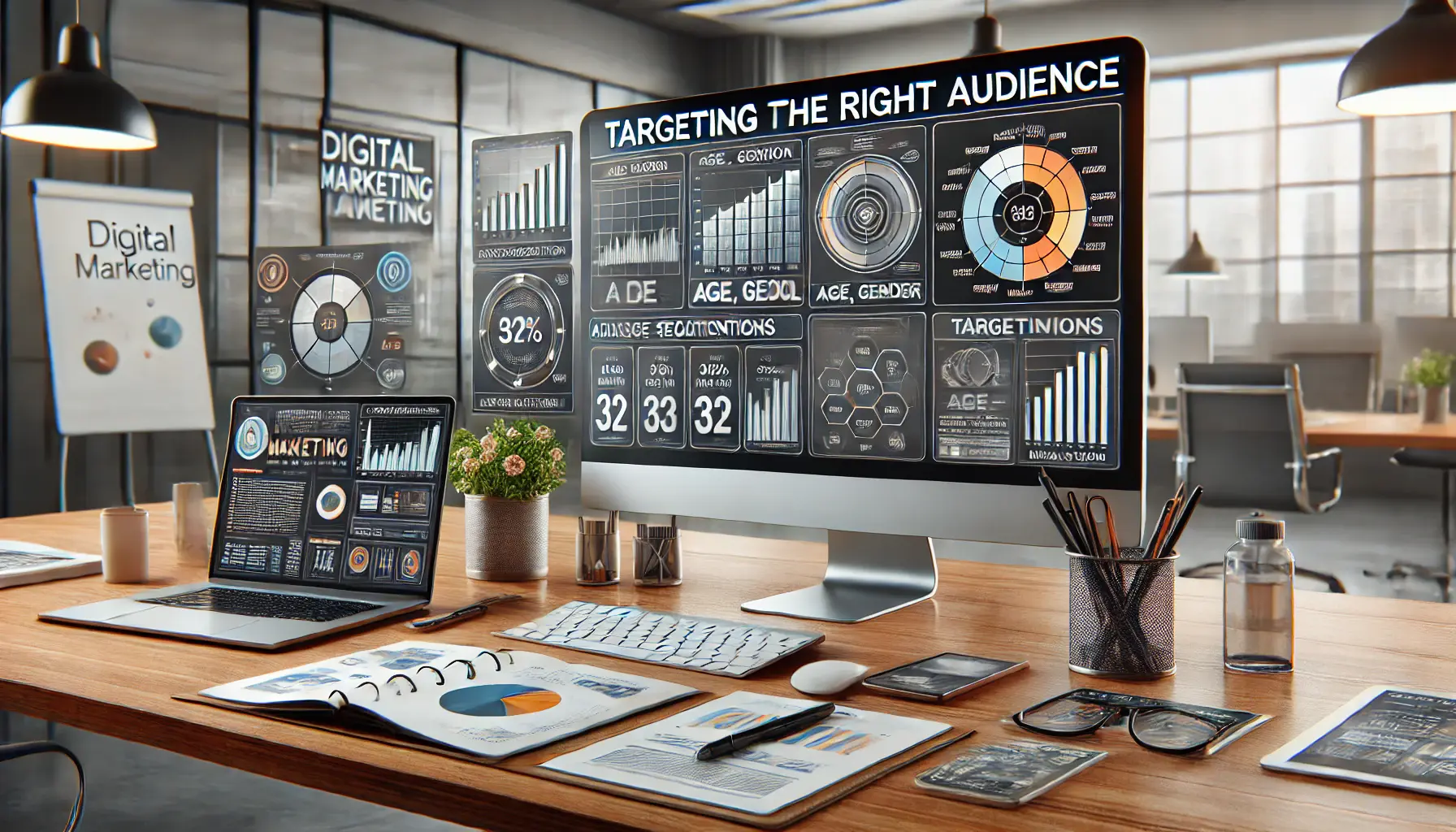 A digital marketing dashboard displaying audience segmentation tools such as graphs, charts, and demographic data for targeting the right audience.