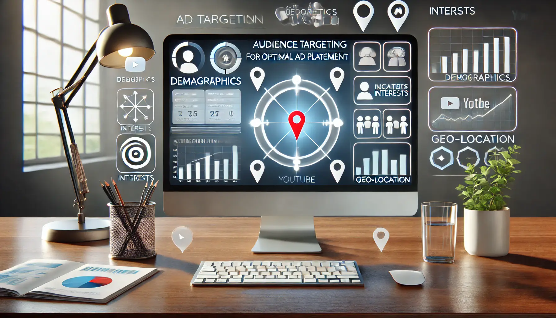 A computer screen displaying YouTube analytics with targeting options like demographics, interests, and geo-location, surrounded by audience segmentation icons.