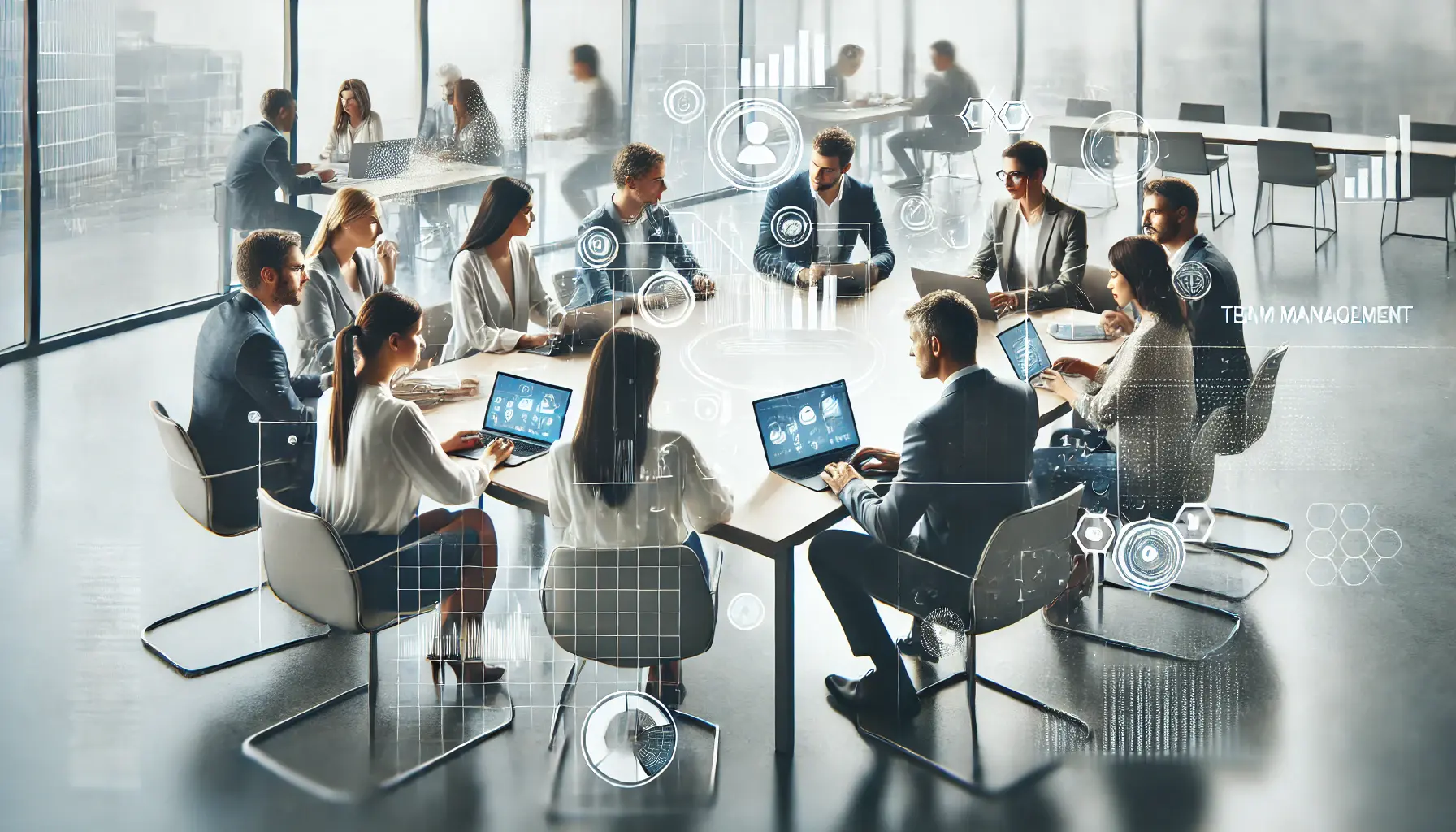 A group of diverse professionals collaborating around a table with digital marketing tools displayed on a screen in a modern office.