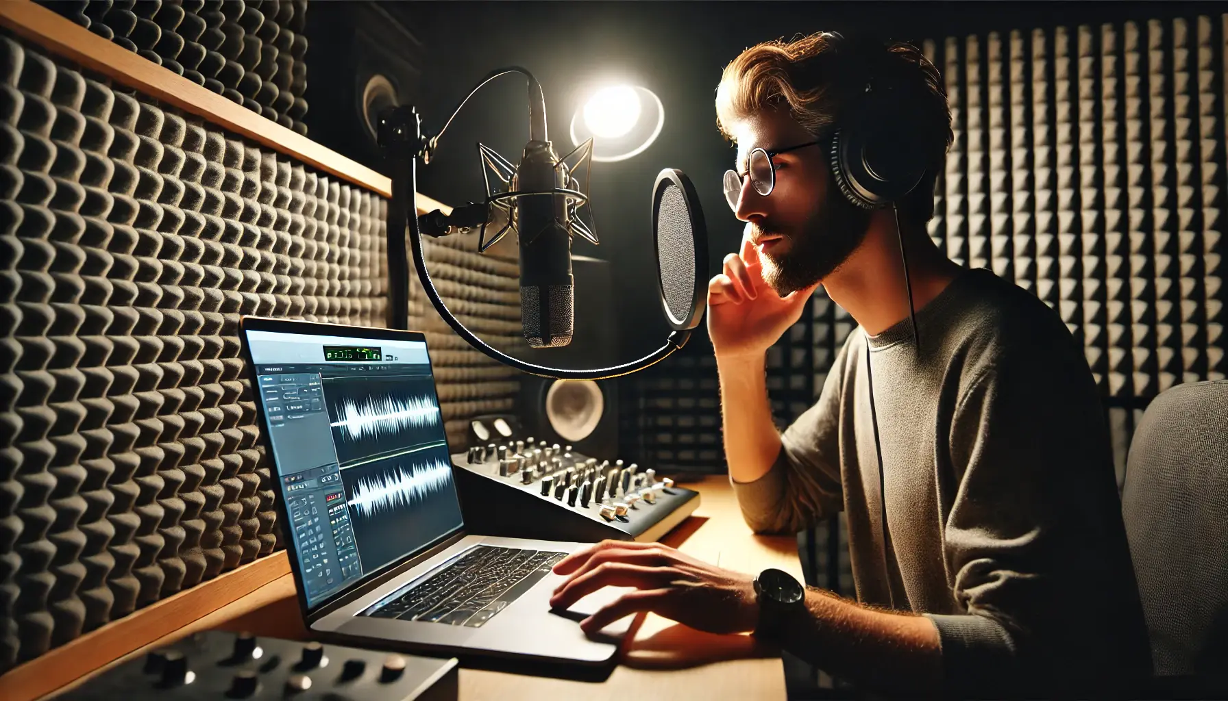 A professional voiceover artist speaking into a high-quality condenser microphone in a soundproofed studio, with pop filter and audio editing software visible.