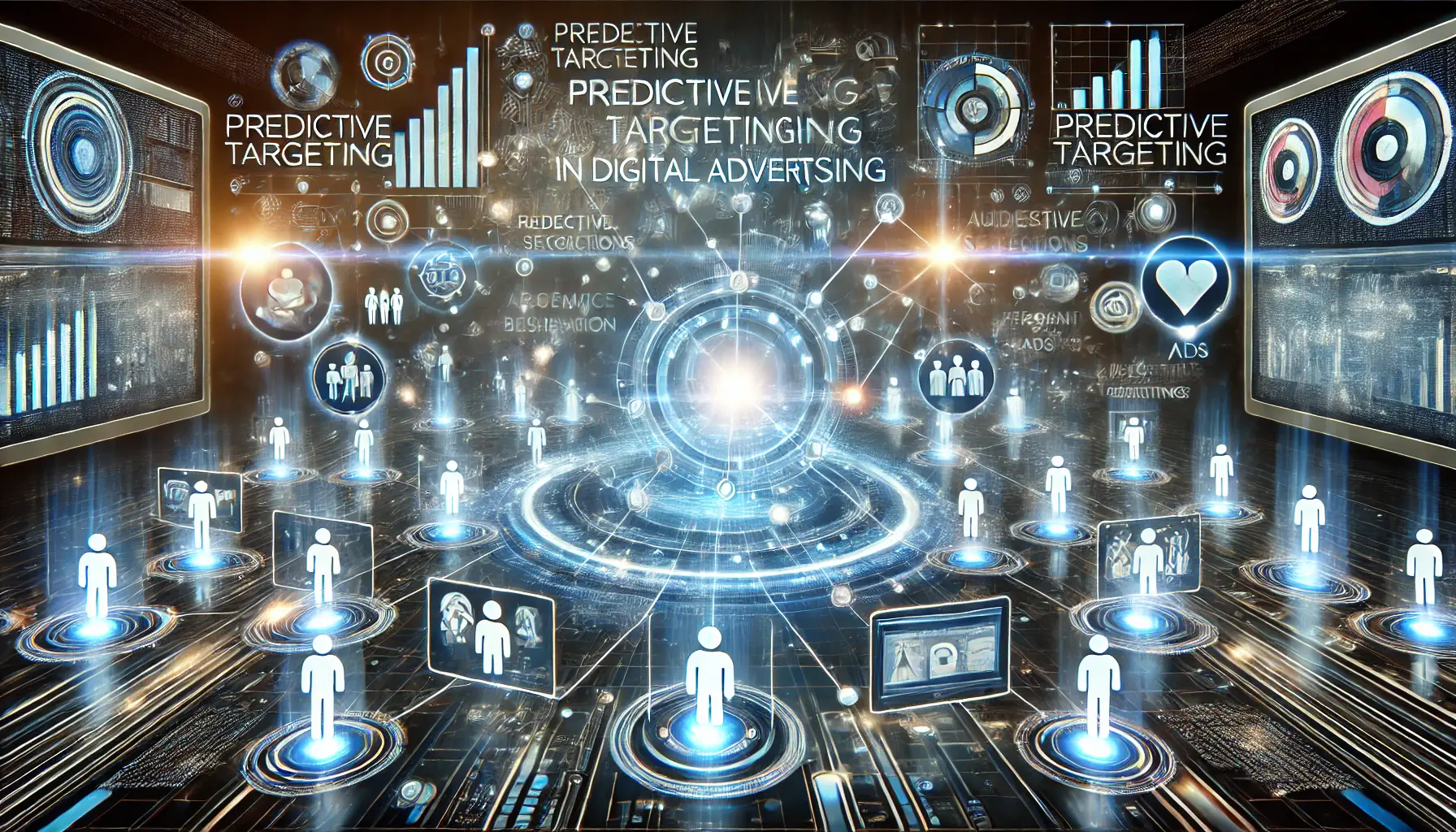 A dynamic image illustrating predictive targeting with data points, user behavior patterns, and personalized ad screens enhancing user engagement.