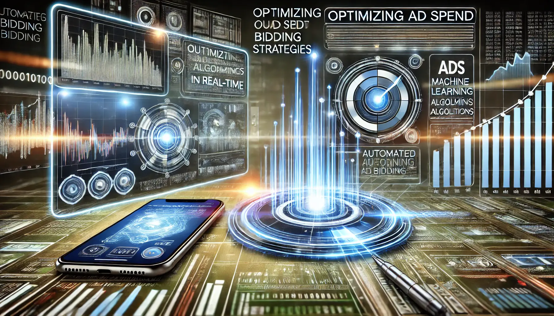 An image illustrating the optimization of ad spend with automated bidding, showing digital dashboards, graphs, and mobile devices with machine learning adjustments.