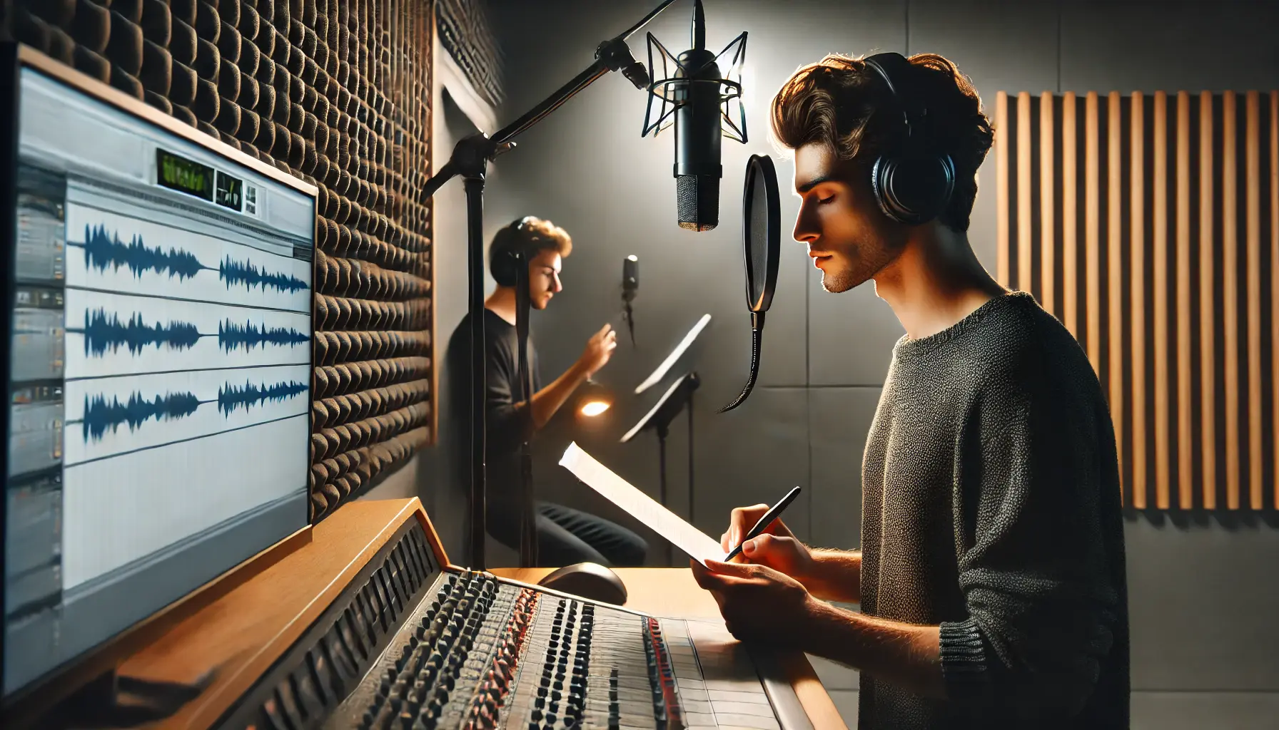 A voiceover artist practicing vocal exercises in front of a microphone in a professional recording booth with soundproofing and audio equipment.