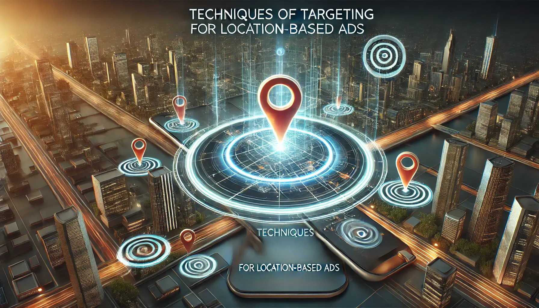 A dynamic map interface with glowing geofences, location markers, and radial targeting zones displayed on a smartphone.