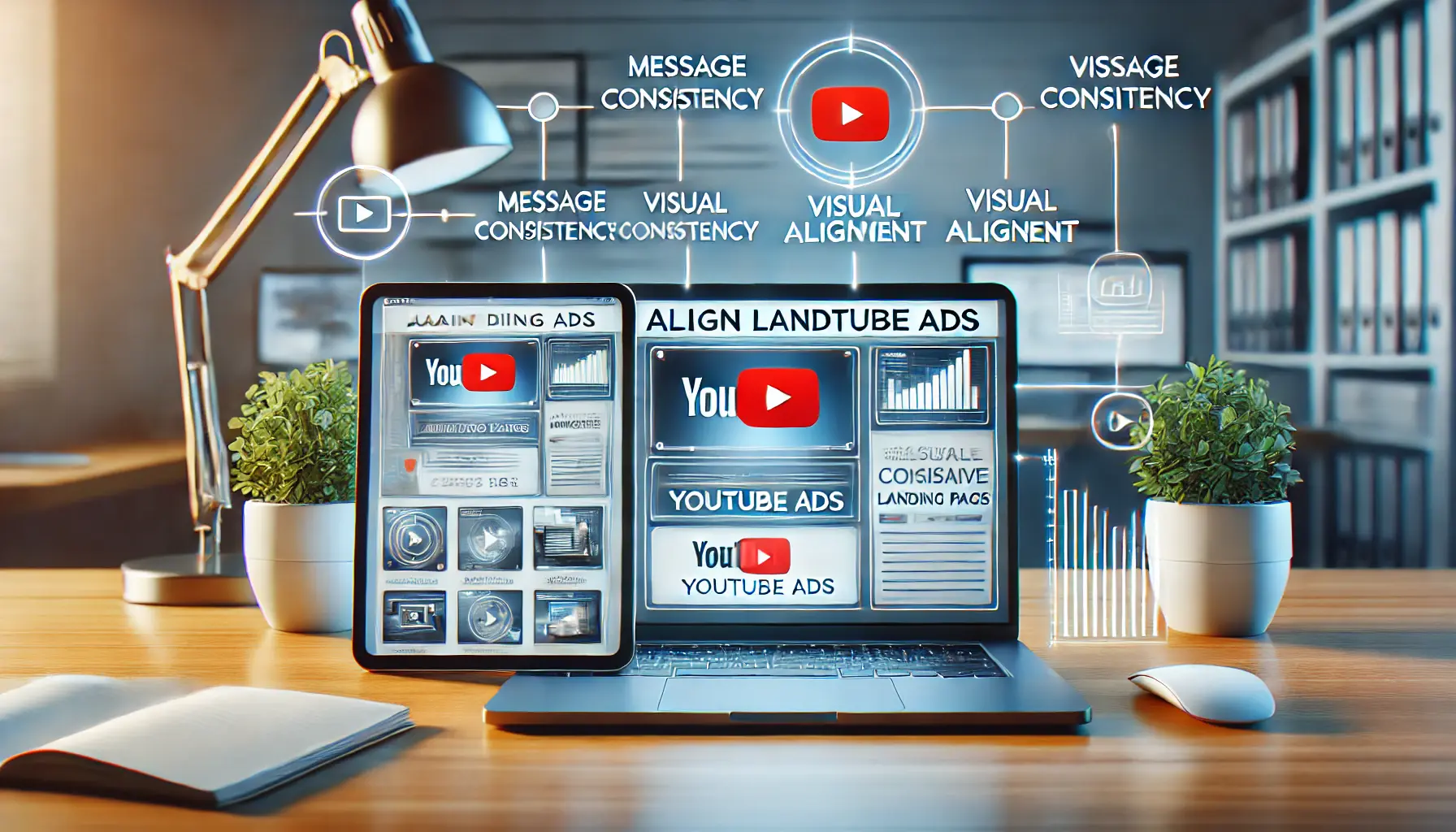 A laptop displaying a cohesive landing page and a tablet showing a YouTube ad interface, surrounded by icons for consistency and engagement.