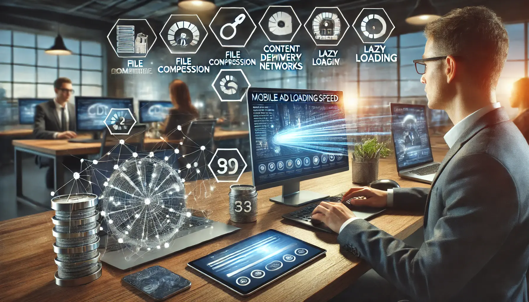 A digital marketer optimizing mobile ads with techniques like file compression, CDNs, and lazy loading, visible on multiple devices.
