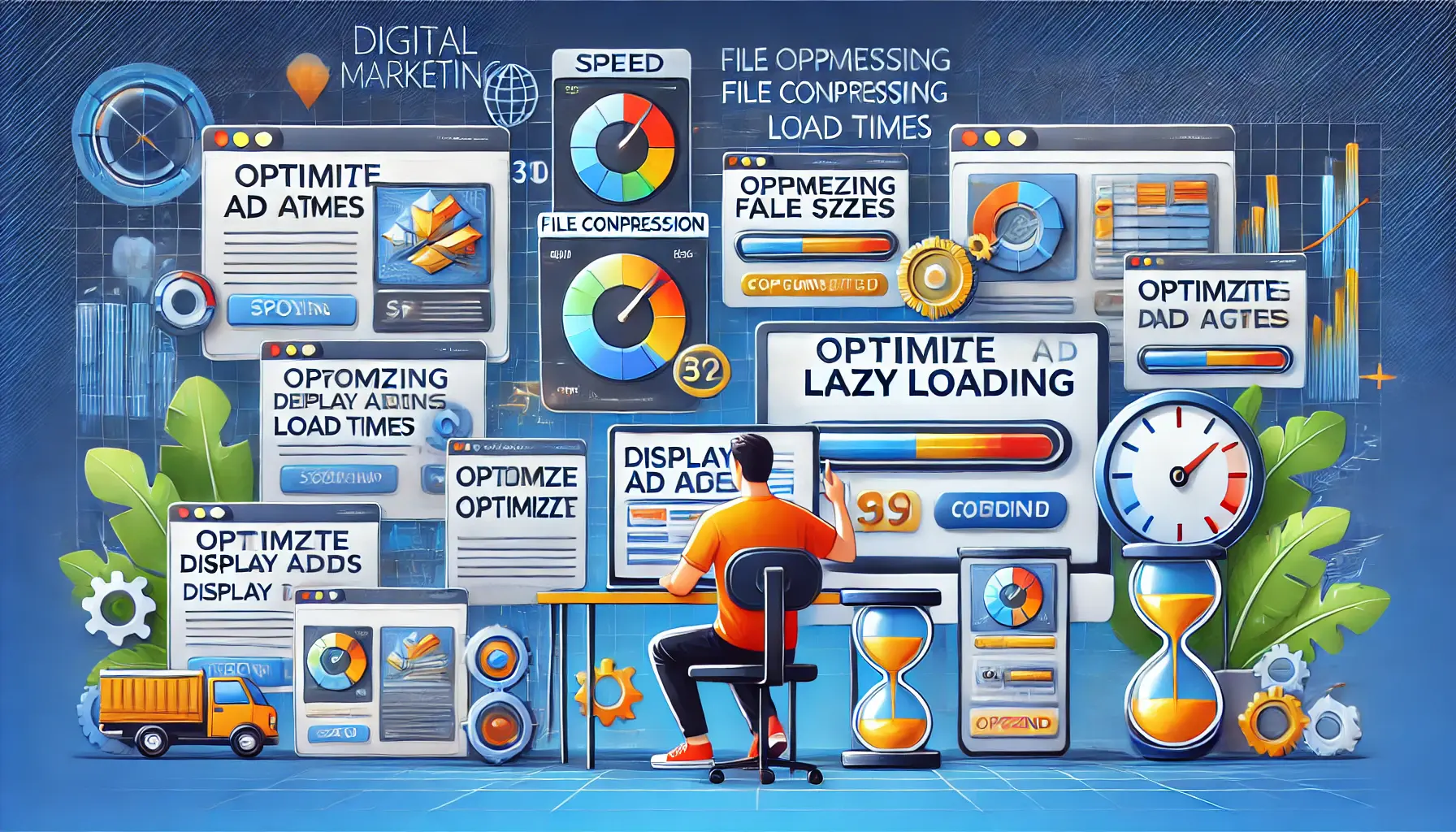 Image showing a developer optimizing ad assets, such as compressing images, reducing file sizes, and utilizing lazy loading for improved ad load times across multiple devices.