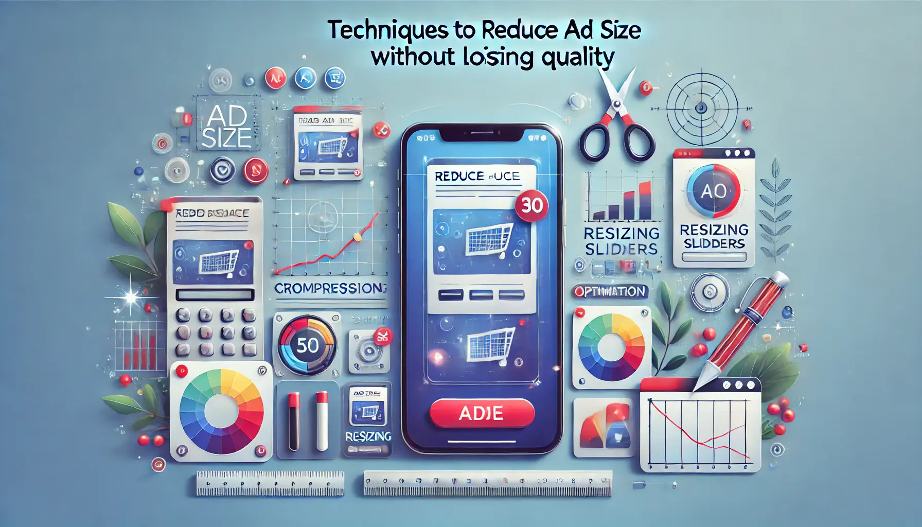 A smartphone displaying a compact and vibrant ad surrounded by optimization tools like compression icons and resizing sliders.