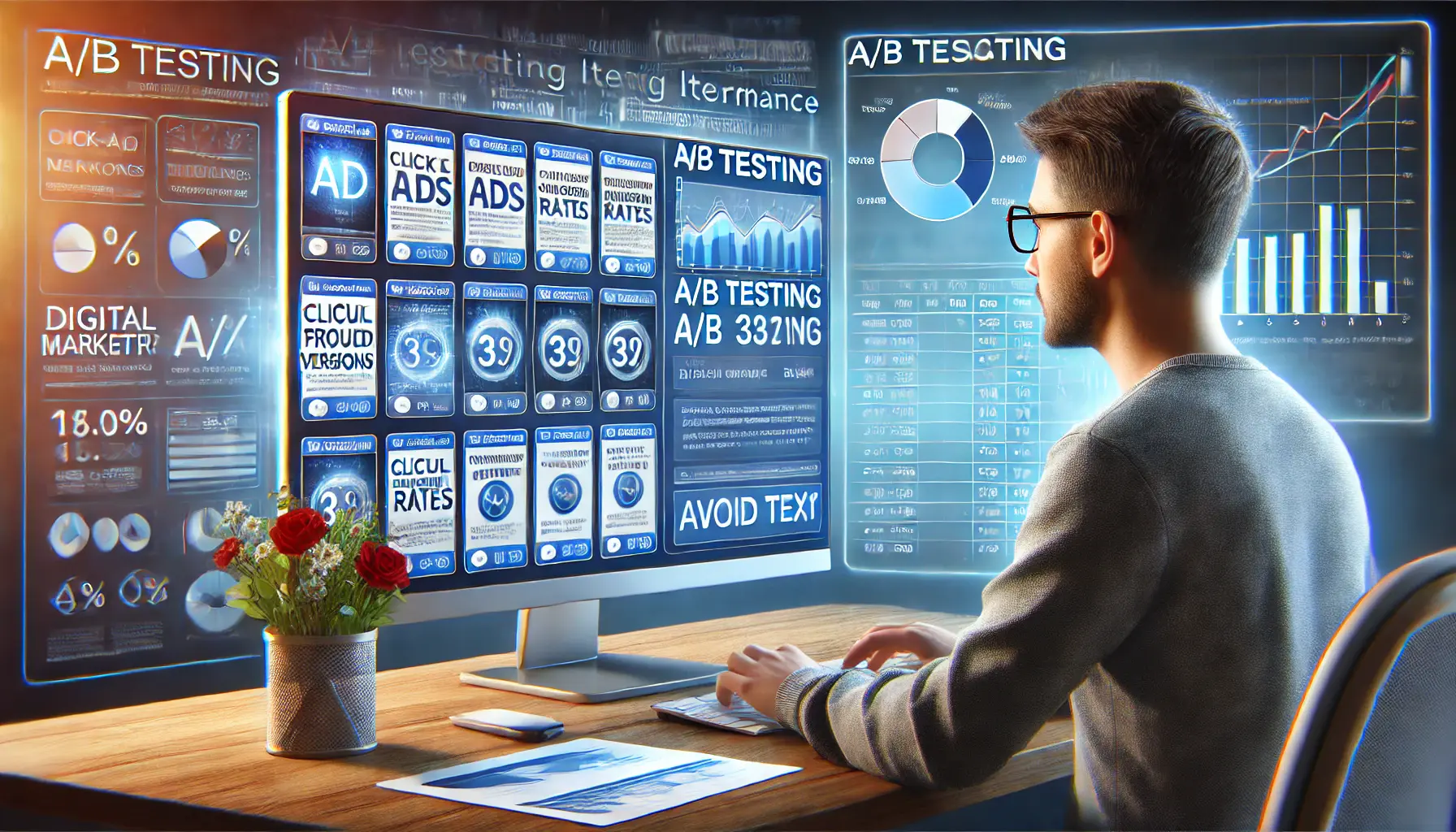 An illustration of a digital marketer analyzing A/B testing results on a computer screen, comparing multiple ad versions and performance metrics like click-through rates and conversions.