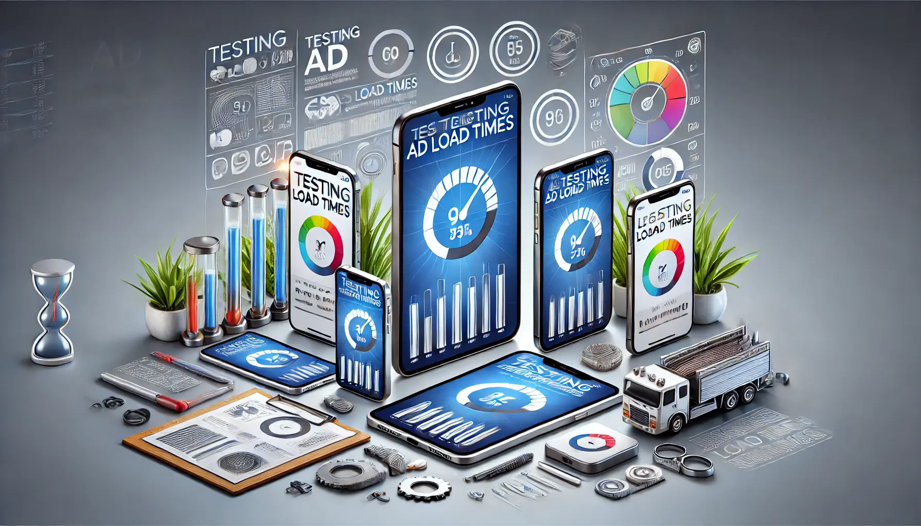 Multiple mobile devices displaying ads with load indicators, surrounded by icons of testing tools and performance metrics.