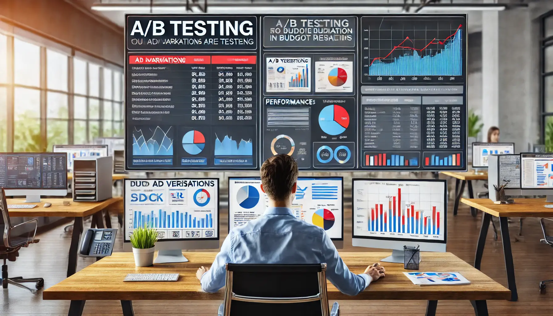 A digital marketing professional conducting A/B testing on ad variations, with performance data and key metrics displayed on multiple monitors in a modern office setting.