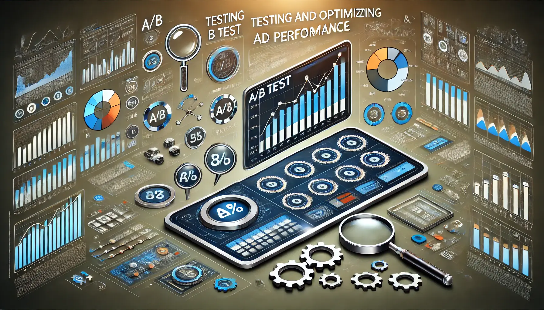 A digital dashboard displaying A/B test results, performance graphs, and optimization controls like sliders, surrounded by analytics and gear icons symbolizing fine-tuning.