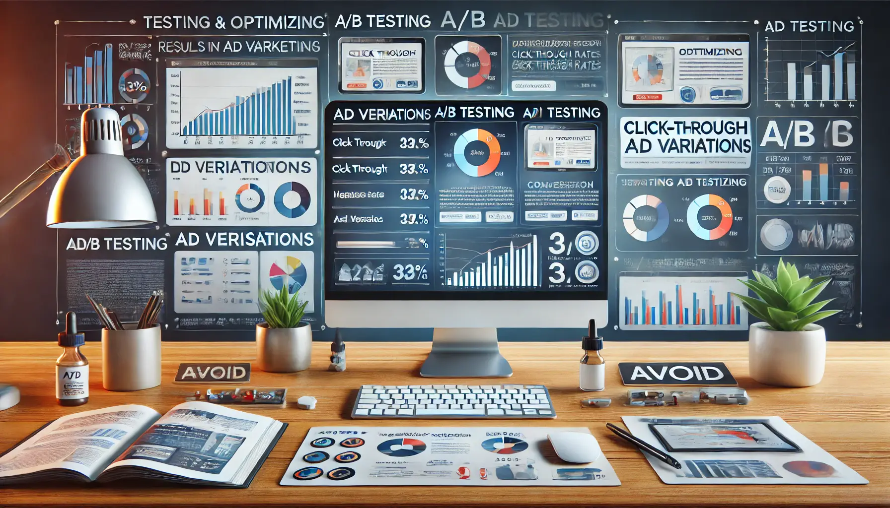 Illustration of a workspace showing a computer screen with an A/B testing dashboard comparing different ad variations and performance metrics.