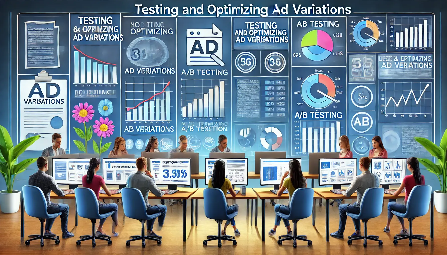 Digital marketing team analyzing multiple ad variations on a screen, comparing designs and formats with performance graphs.