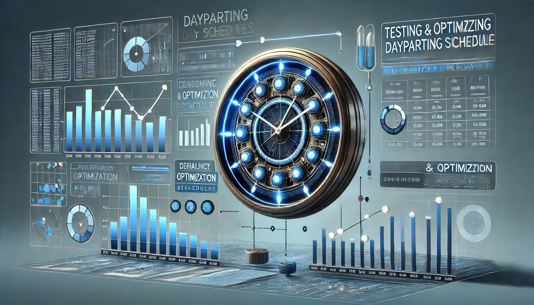 An image featuring a clock with adjustable segments, surrounded by data graphs and performance metrics, representing the testing and optimization of dayparting schedules.