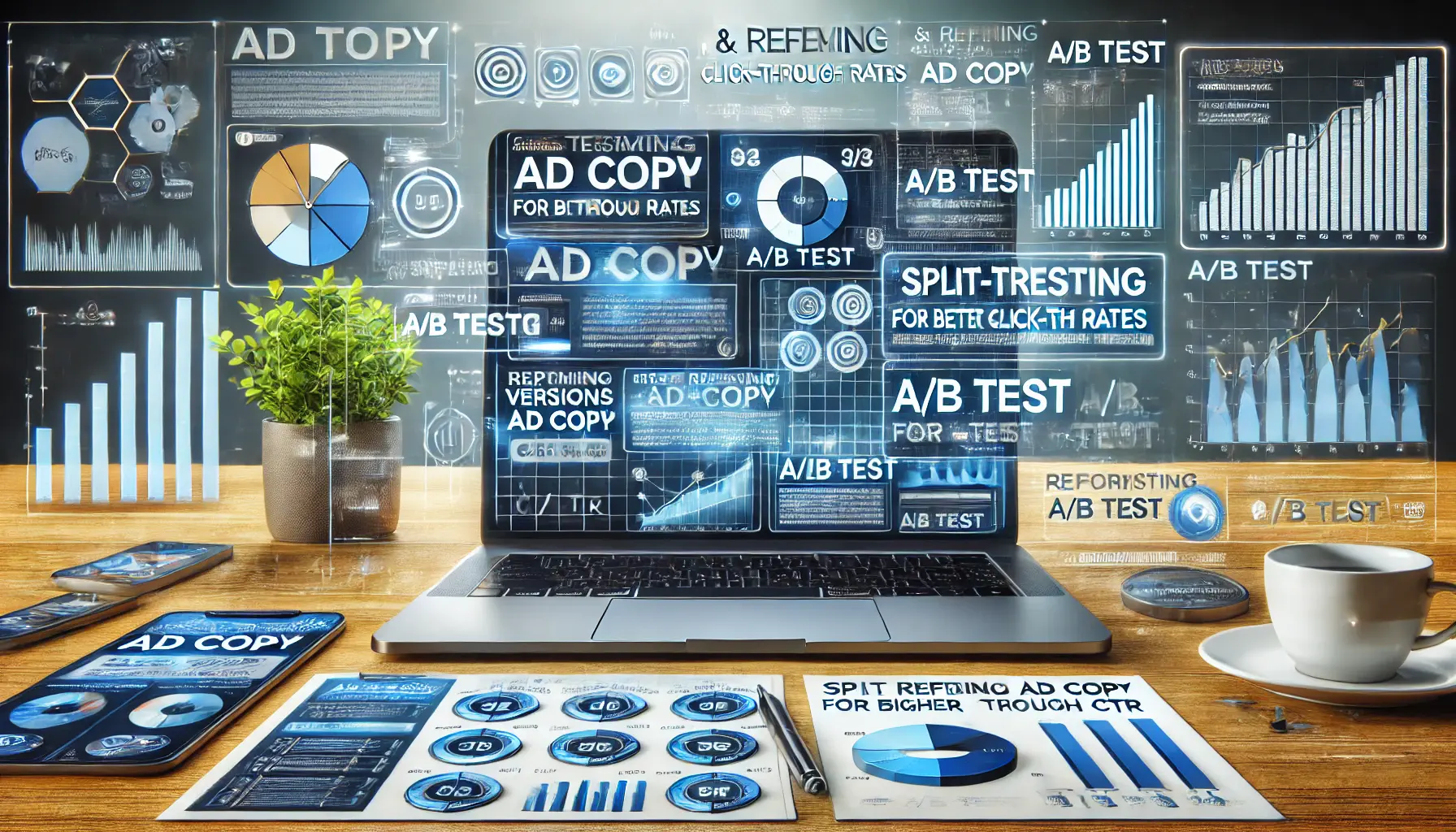 A realistic image of a laptop displaying multiple versions of ad copy being tested, with A/B test symbols and performance charts.