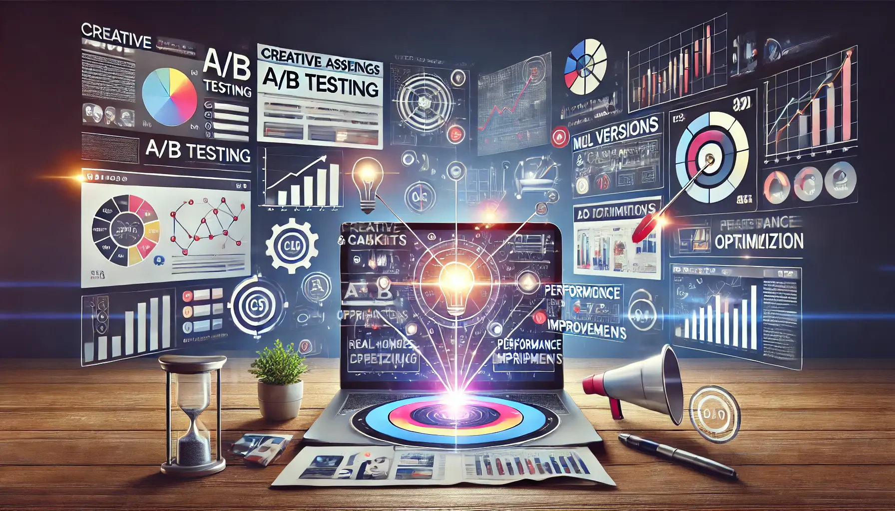 A visual representation of testing and refining campaign assets in digital advertising, showcasing A/B testing, multiple ad versions, and performance graphs.