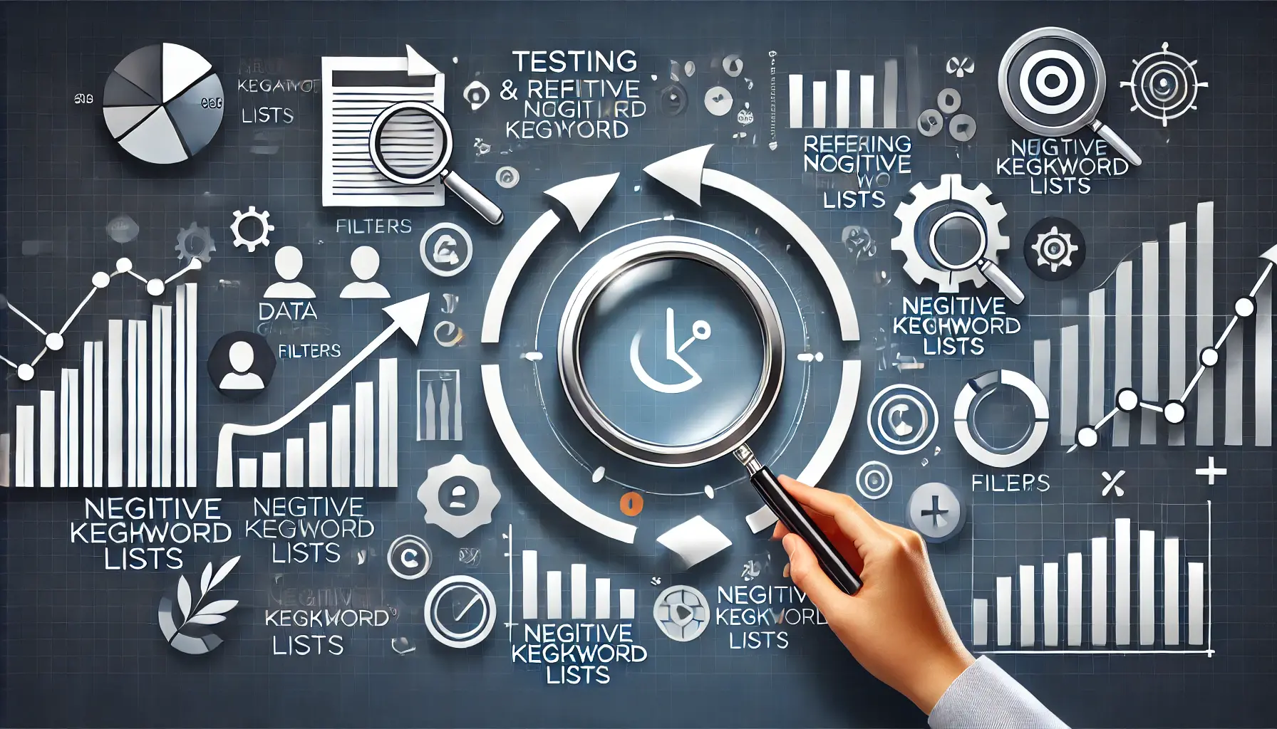 Abstract representation of testing and refining negative keyword lists, featuring icons like data graphs, filters, and magnifying glasses.