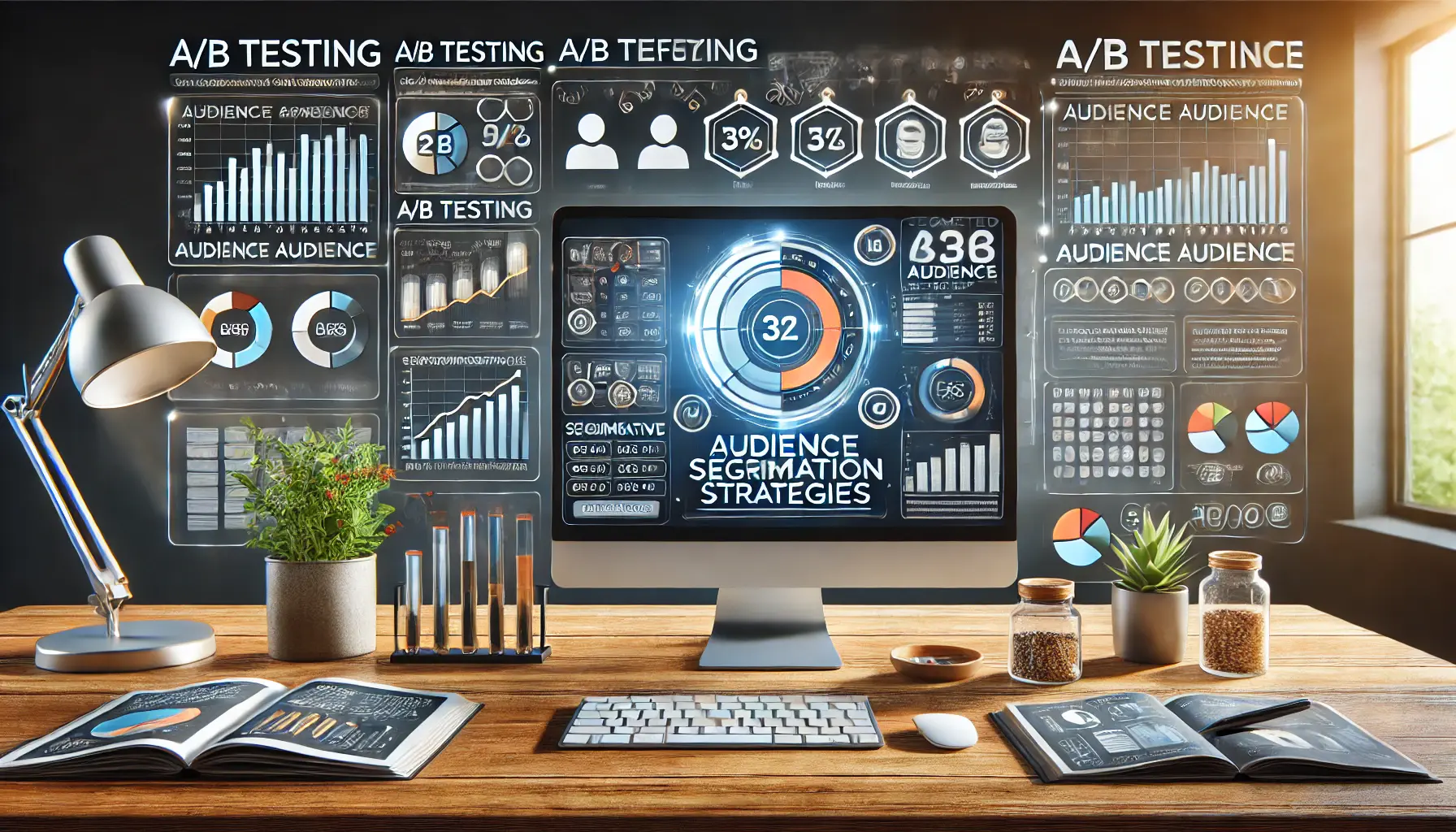 A digital workspace showing A/B testing results and audience segmentation analysis for refining strategies