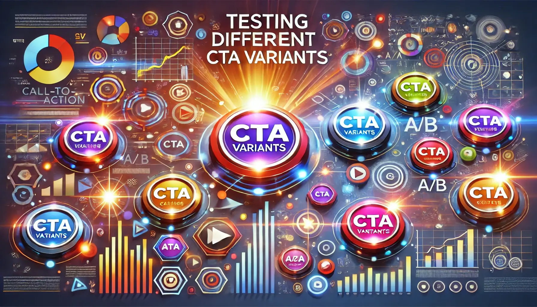 An image featuring multiple glowing call-to-action buttons in various colors and shapes, surrounded by graphs and charts symbolizing A/B testing and analysis.