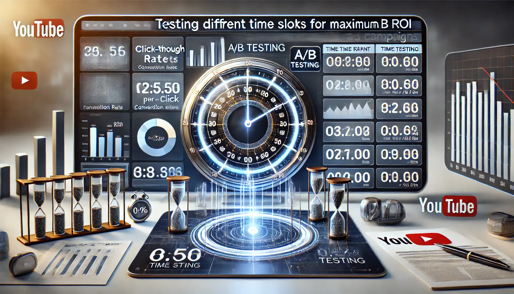 A digital dashboard showing performance metrics like CTR, conversion rates, and CPC with marked time slots for testing in YouTube ad campaigns.