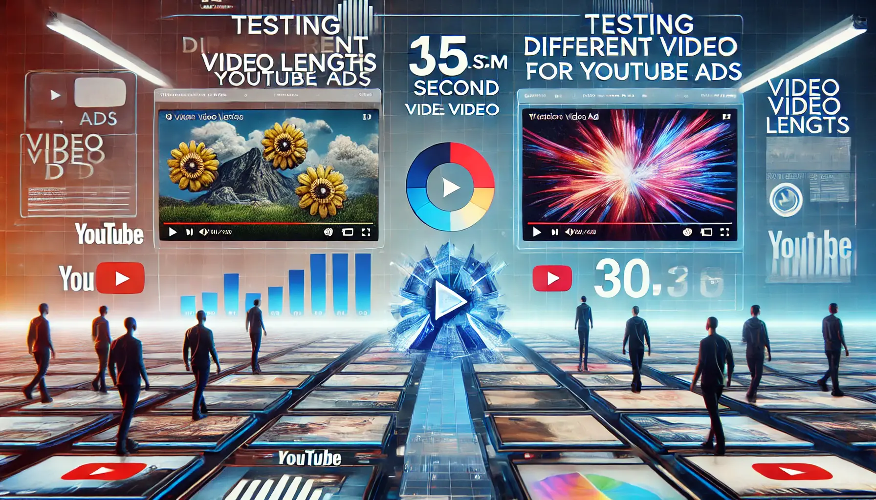 A visual representation of testing different video lengths for YouTube ads, with one video showing a 15-second duration and another a 30-second duration.