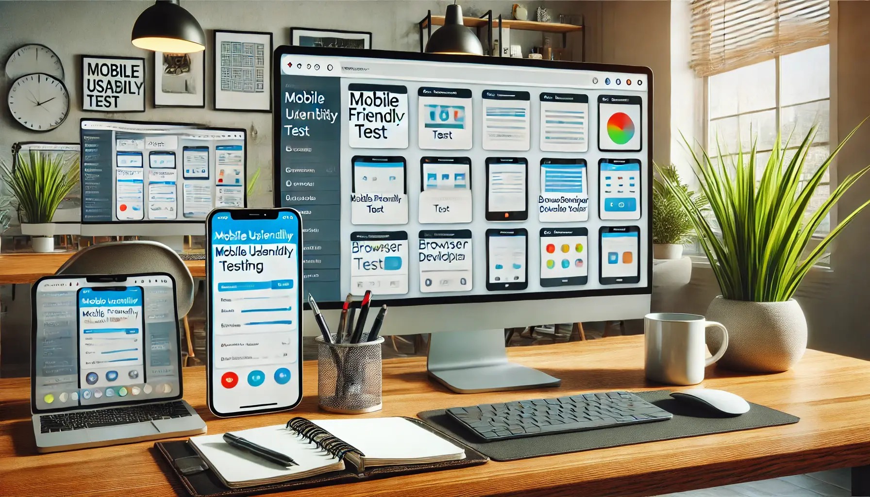 A workspace with a computer screen displaying multiple mobile usability testing tools, simulating mobile views across different devices.