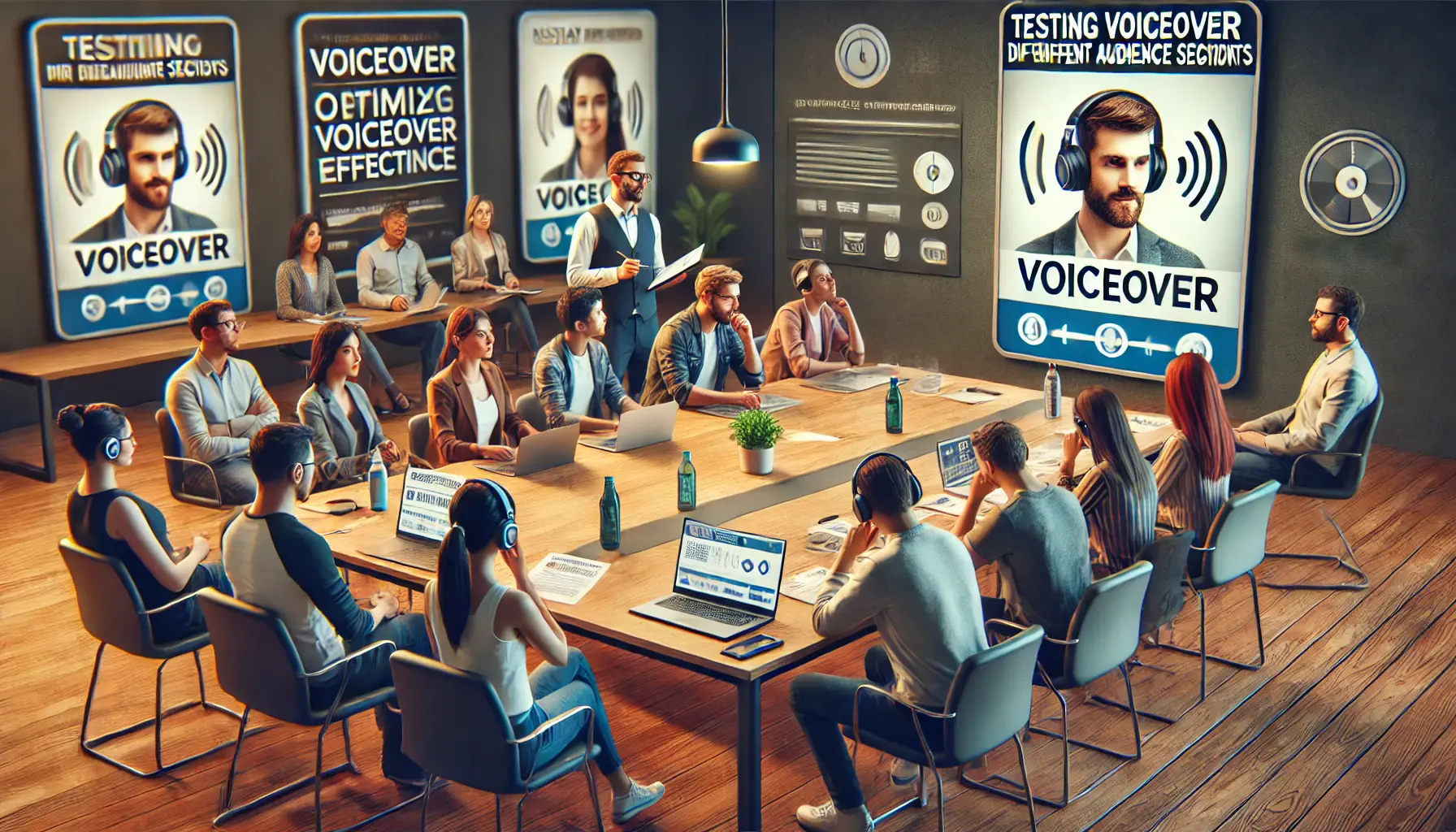 A digital marketing team conducting a focus group session, presenting a display ad with voiceover to a diverse group of participants.