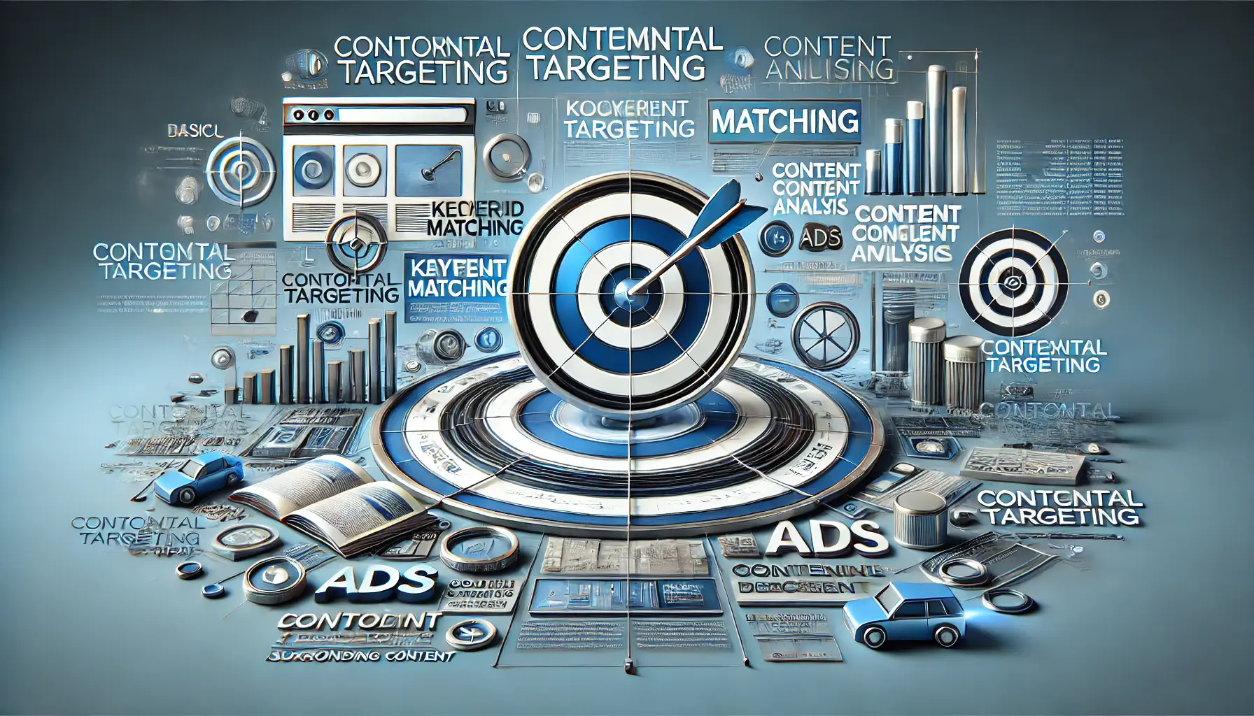 Abstract illustration showing the basics of contextual targeting with keyword matching, content analysis, and ad placements in relevant settings.