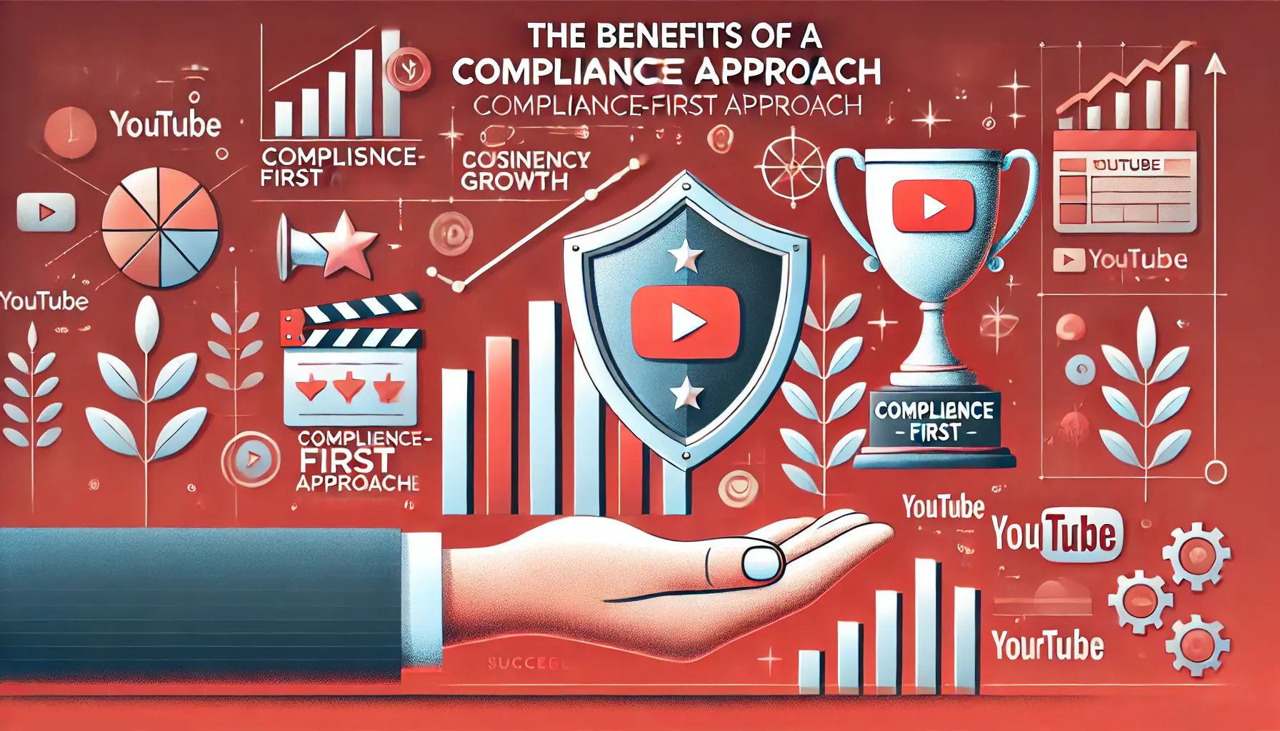 An image showing a hand holding a shield, a growing bar chart, and a trophy representing the benefits of a compliance-first approach.