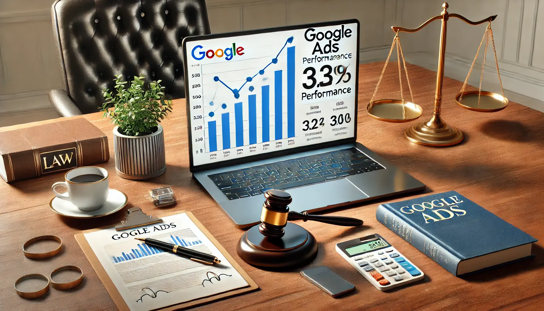 A modern office desk with a laptop displaying Google Ads performance metrics for a law firm, with rising statistics and nearby legal documents, a gavel, a smartphone, and a coffee cup.