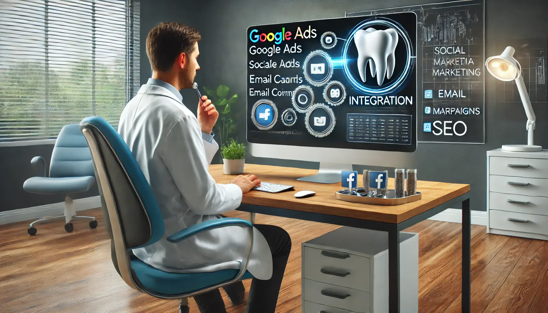 A dentist reviewing the integration of Google Ads, social media marketing, email campaigns, and SEO in a modern office.