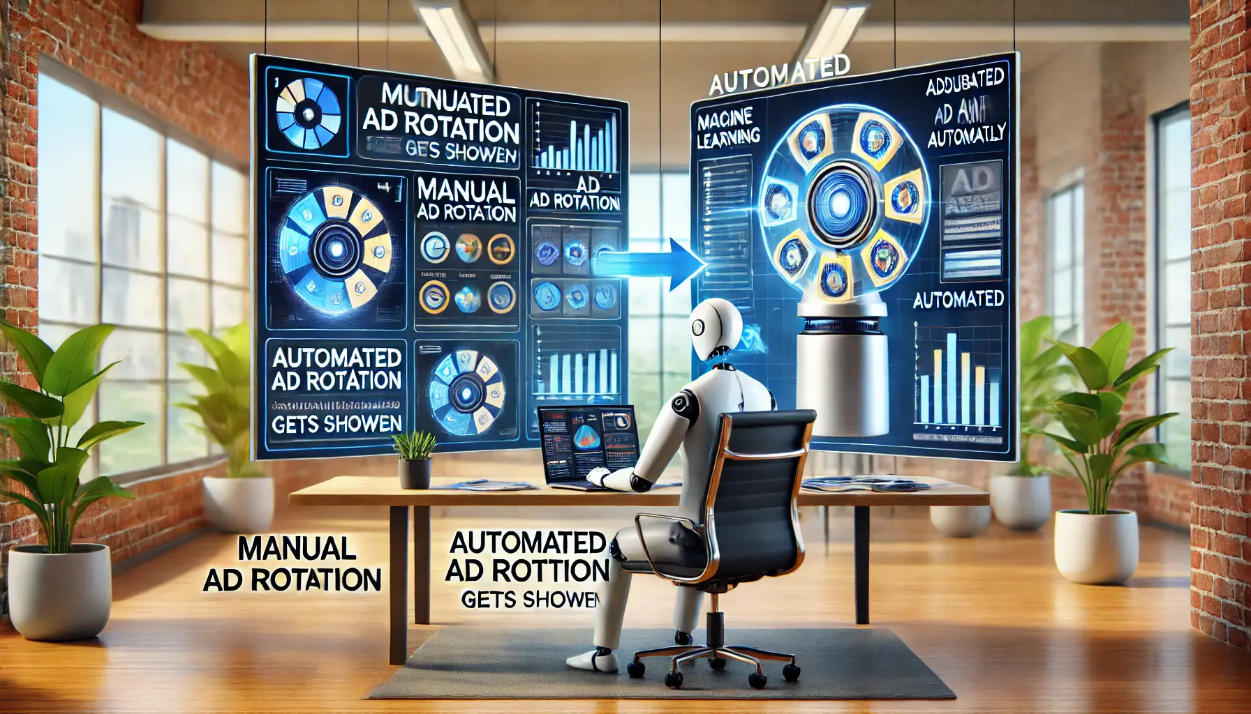 A digital marketing professional analyzing manual ad rotation on one screen and automated ad rotation on another in a modern office.