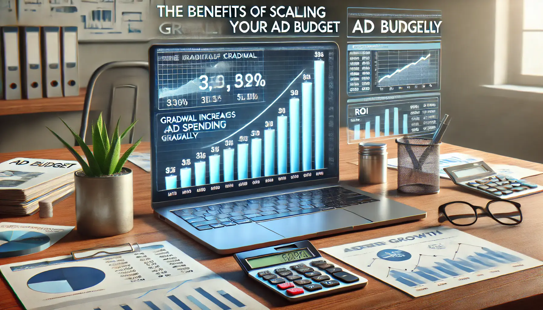 A modern workspace with a laptop displaying financial charts showing incremental increases in ad spending and ROI growth over time.