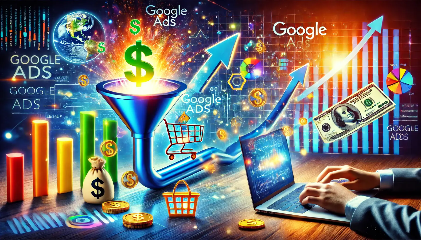 A depiction of an online sales funnel with upward-trending graphs, dollar signs, and a marketer analyzing ad results.