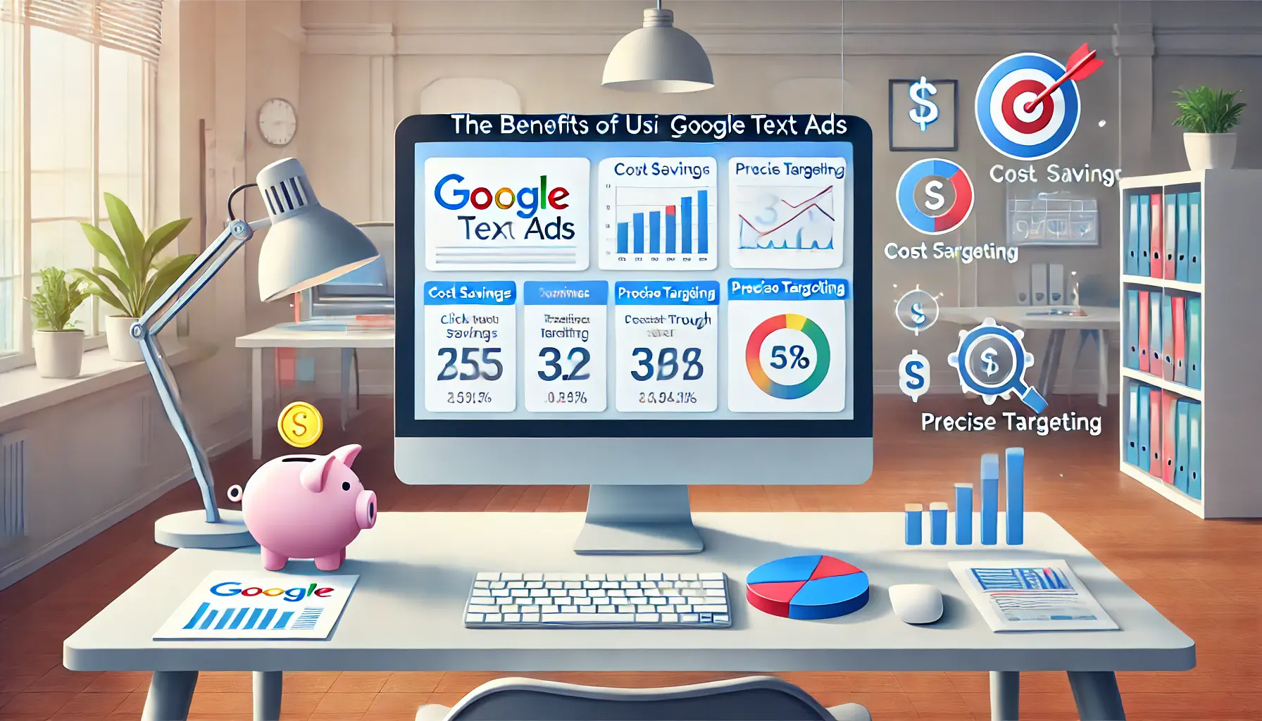 A desktop displaying a Google Ads dashboard with performance metrics surrounded by icons representing cost savings, targeting, and analytics in a modern office setting.