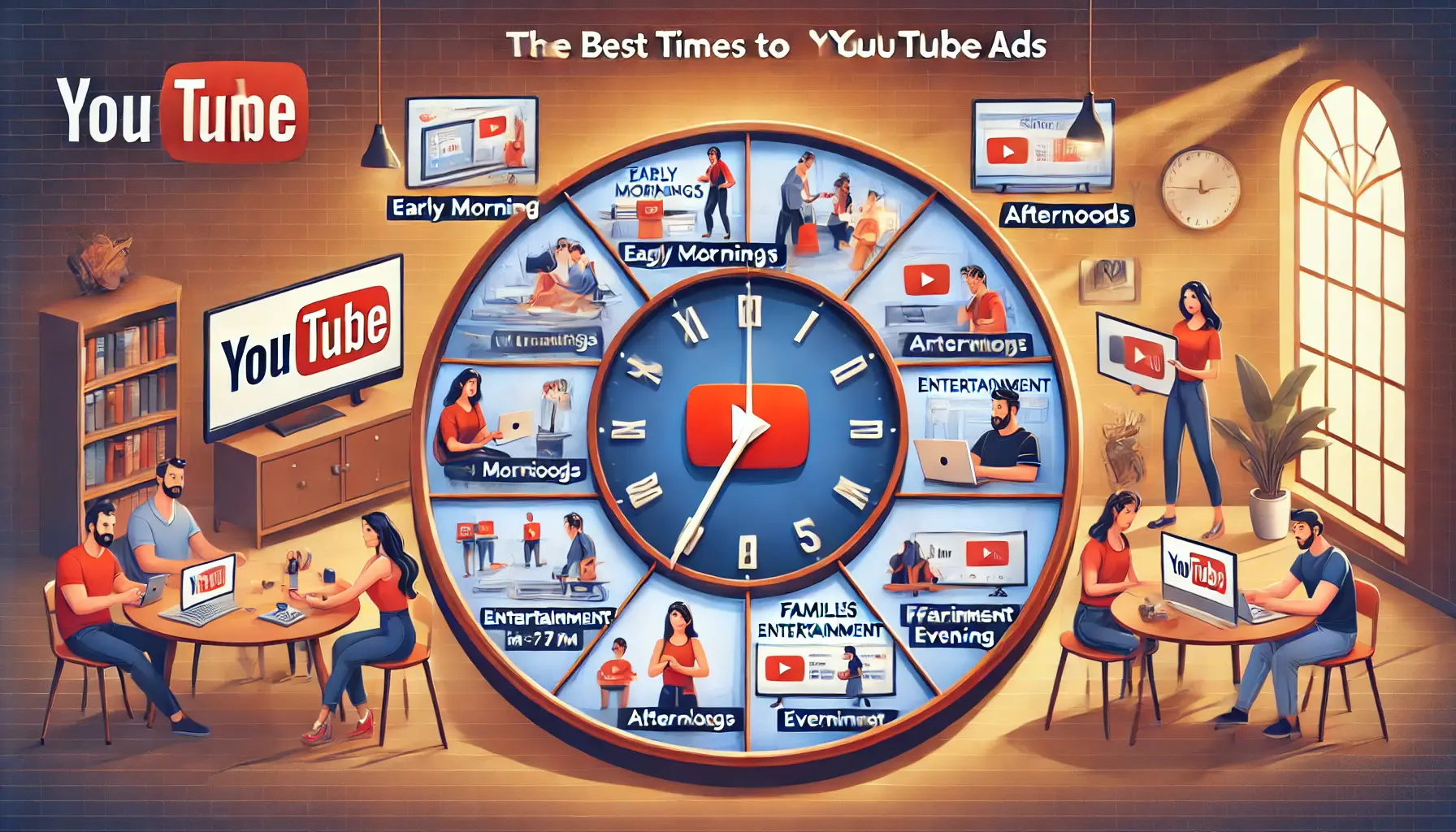 A clock divided into time slots showing the best times to run YouTube ads: early mornings, afternoons, and evenings with people engaging in YouTube content.