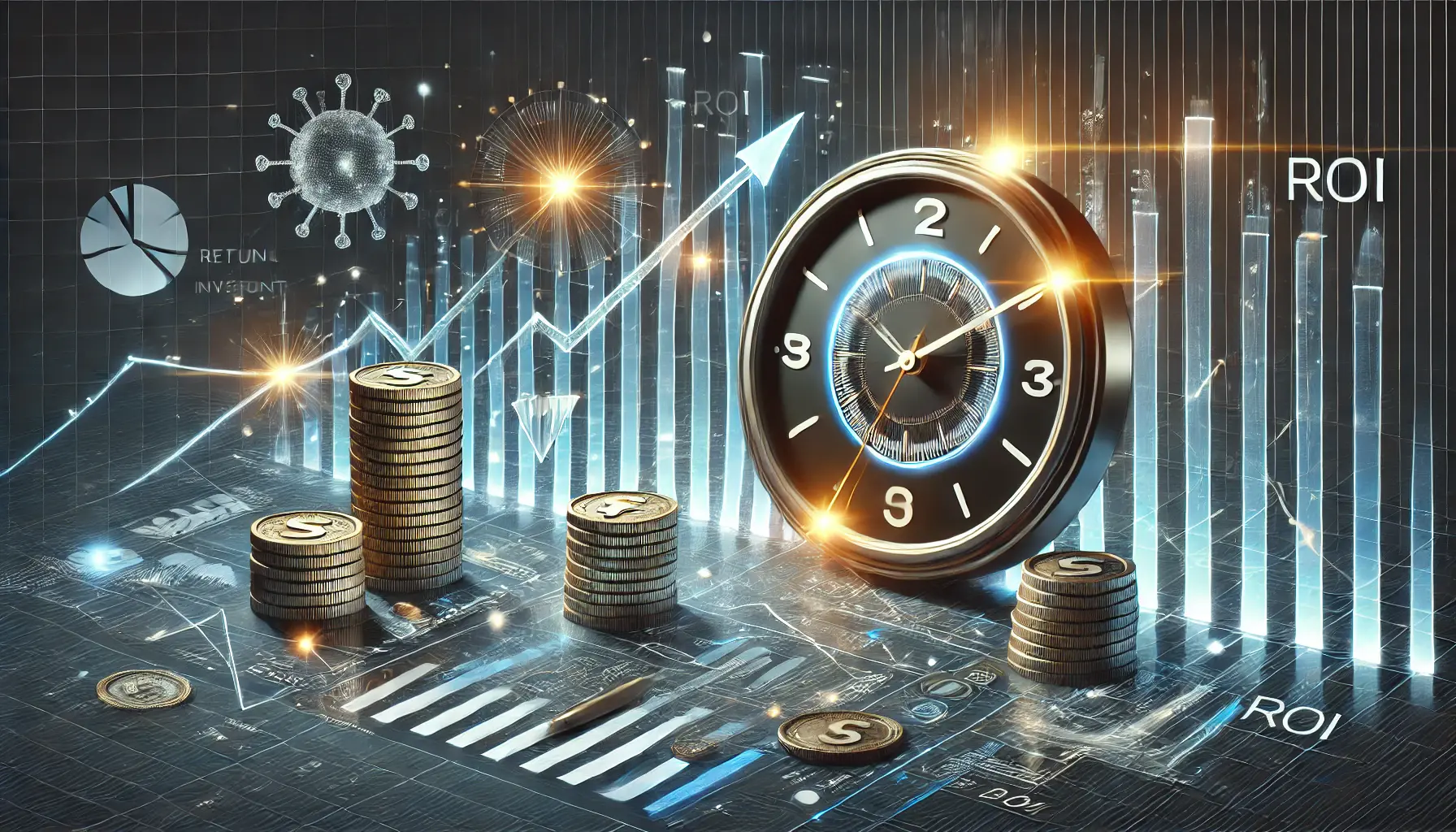 An image showcasing a clock overlaying a financial chart with upward-trending ROI metrics and investment symbols, representing the role of timing in driving returns.