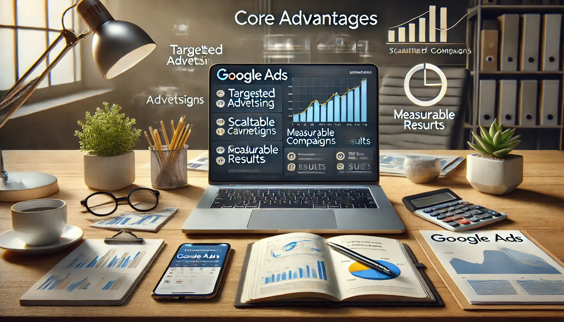 A laptop displaying a Google Ads campaign dashboard with metrics highlighting advantages such as targeted advertising, scalable campaigns, measurable results, and enhanced reach, surrounded by a smartphone, notebook, coffee cup, and success-related charts in a modern office setting.