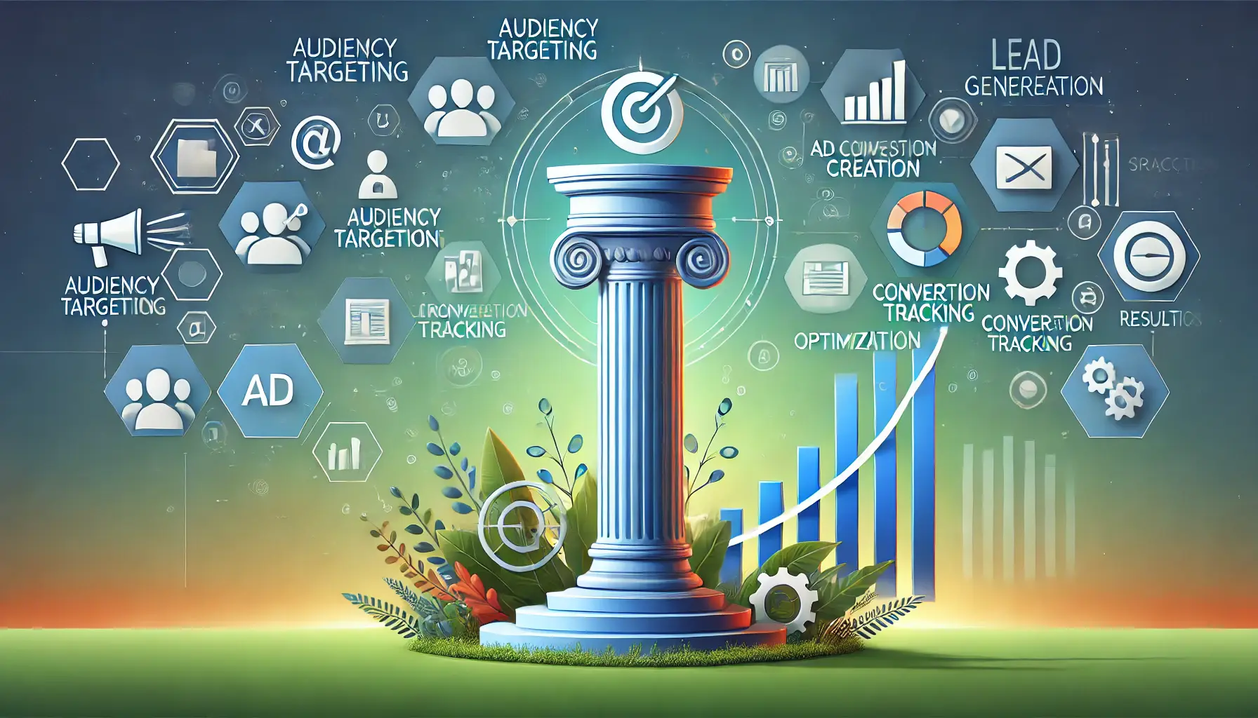 An image depicting the core pillars of lead generation, with a central pillar and icons for audience targeting, ad creation, and optimization.