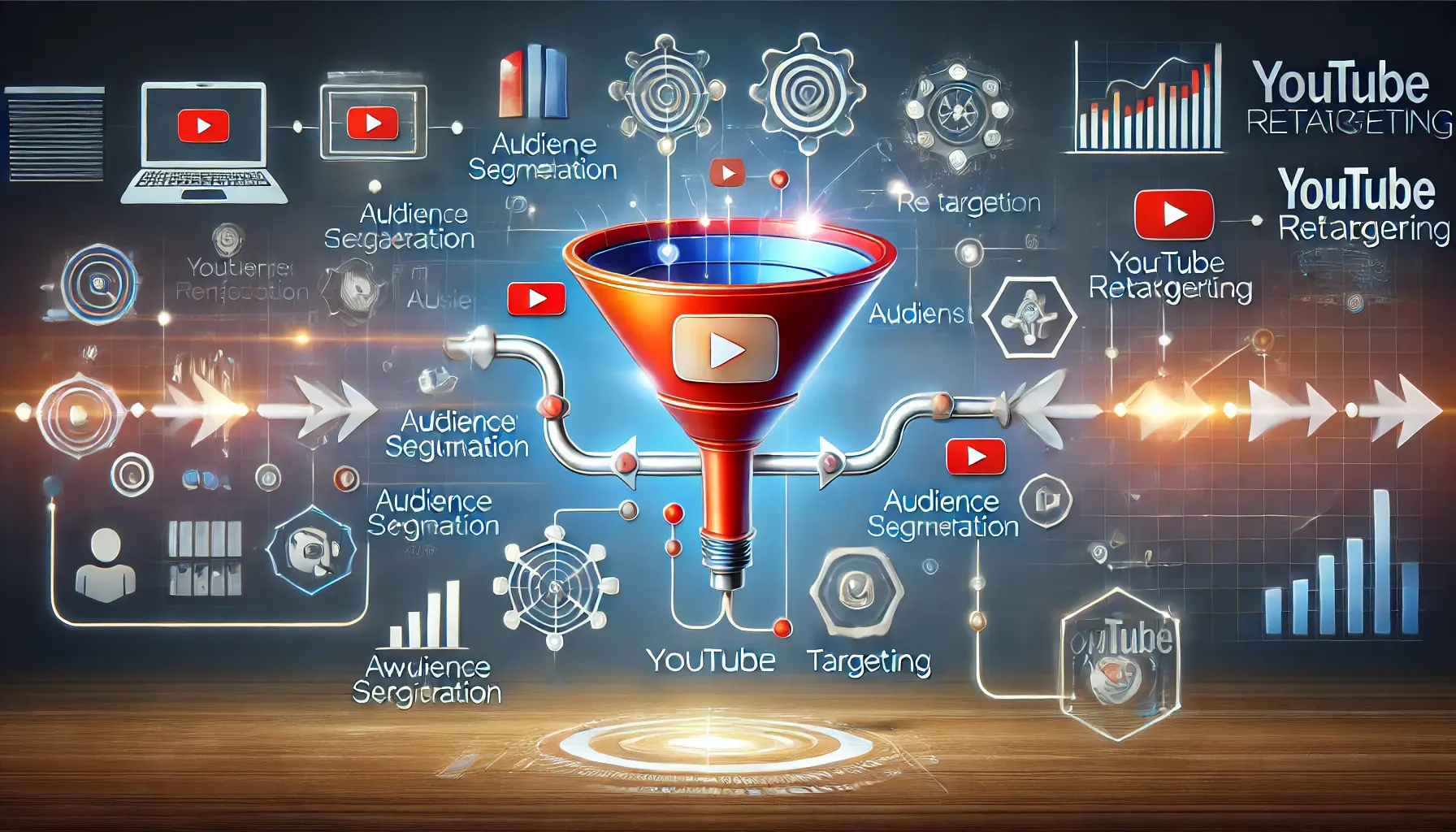 An image representing the core principles of YouTube retargeting, featuring a structured marketing funnel and stages of the customer journey.