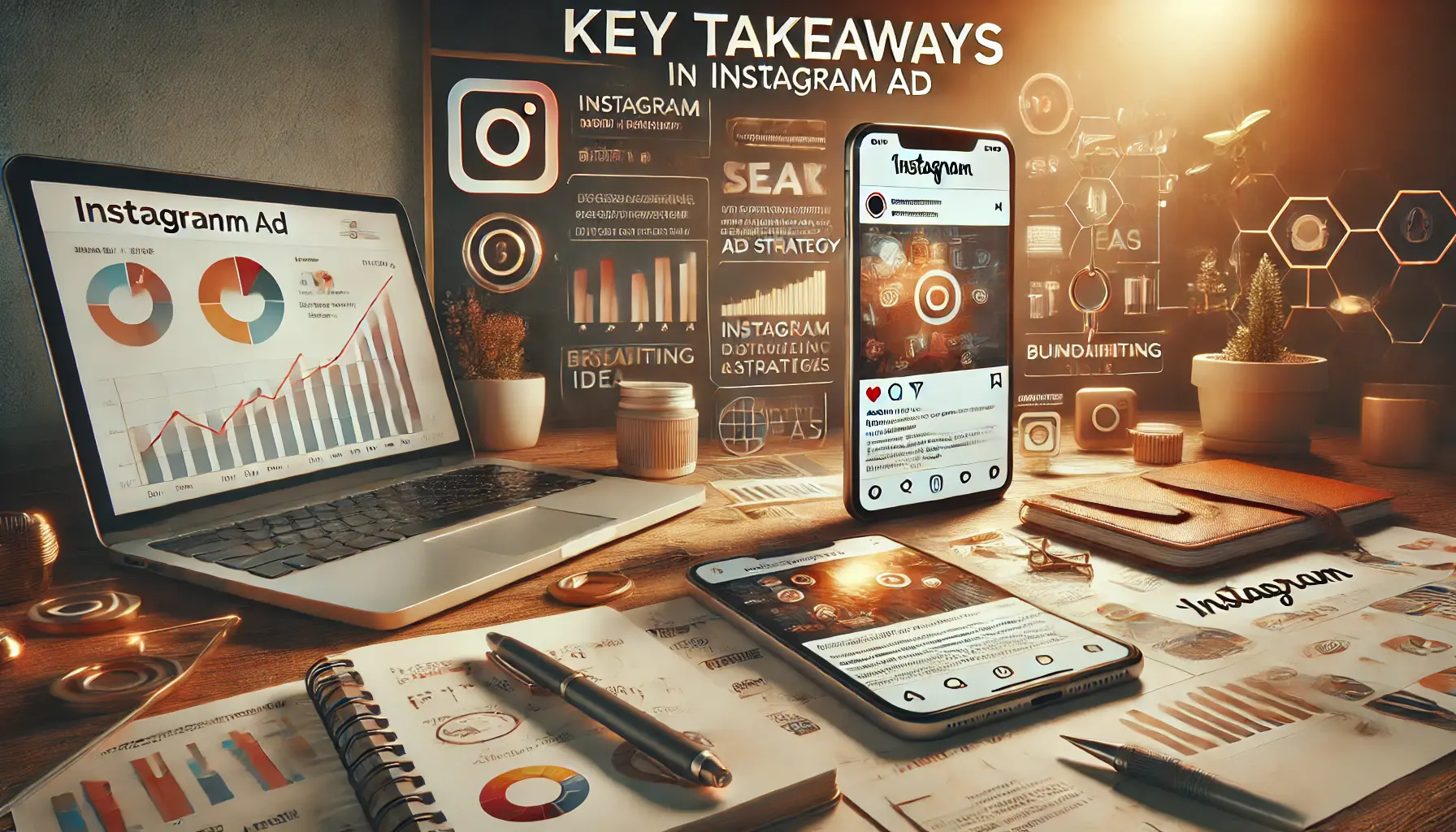 A smartphone displaying an engaging Instagram ad surrounded by creative tools like a laptop with analytics, a notebook with brainstorming ideas, and a tablet with design sketches in a modern workspace.