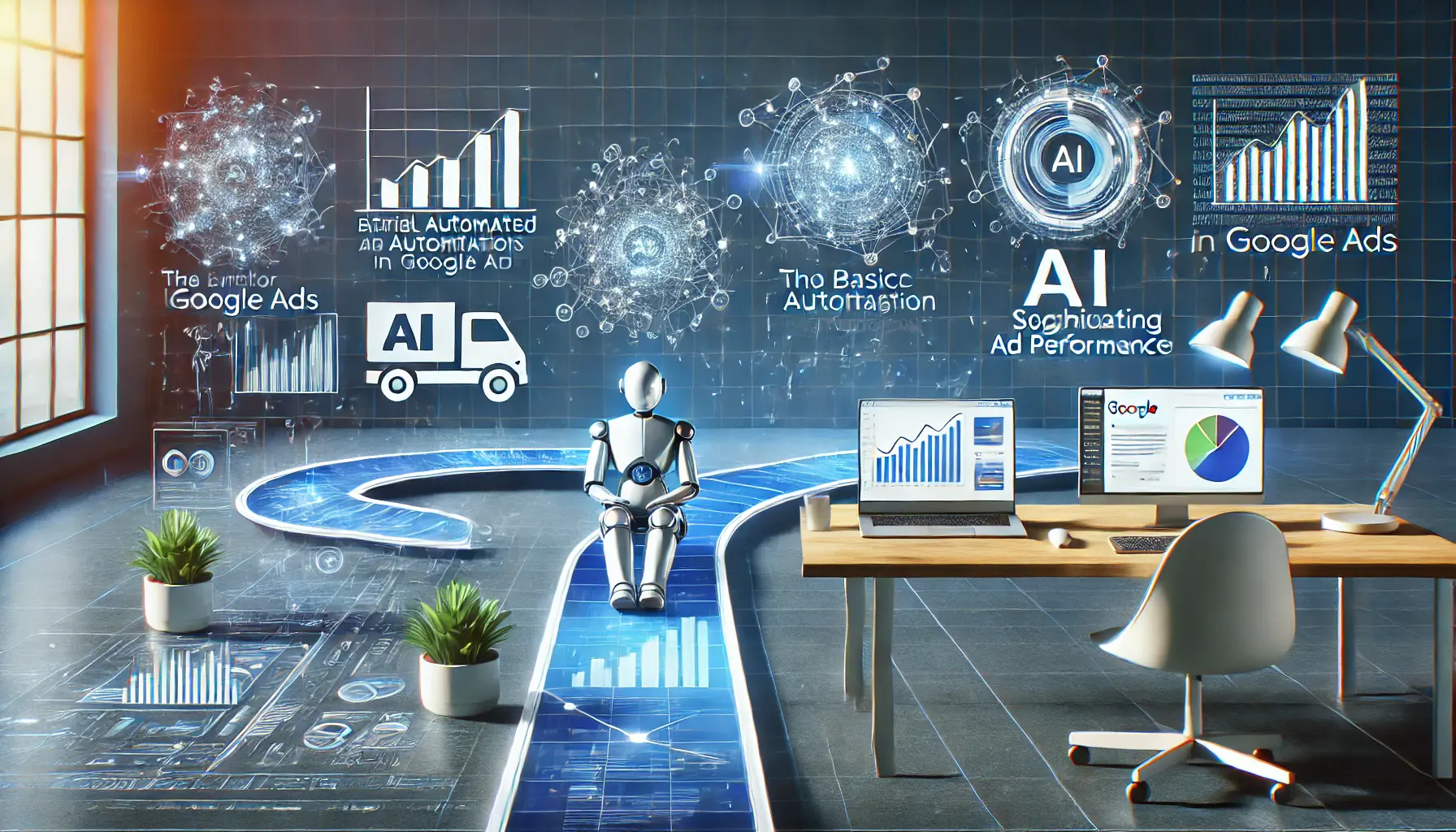 An image illustrating the evolution of automation in Google Ads, showing the progression from basic automation to advanced AI-driven technologies, with neural networks and data visualizations.