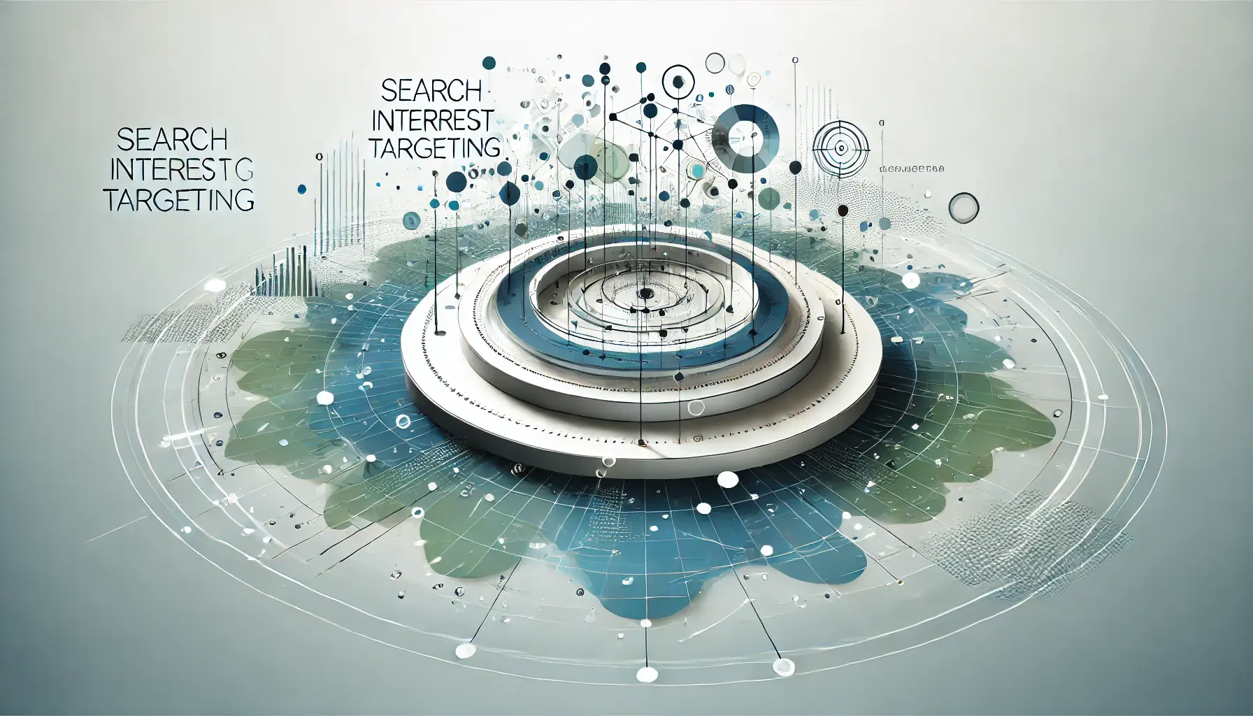 Abstract image representing the foundation of search interest targeting with interconnected data points, search icons, and pathways leading to target areas.